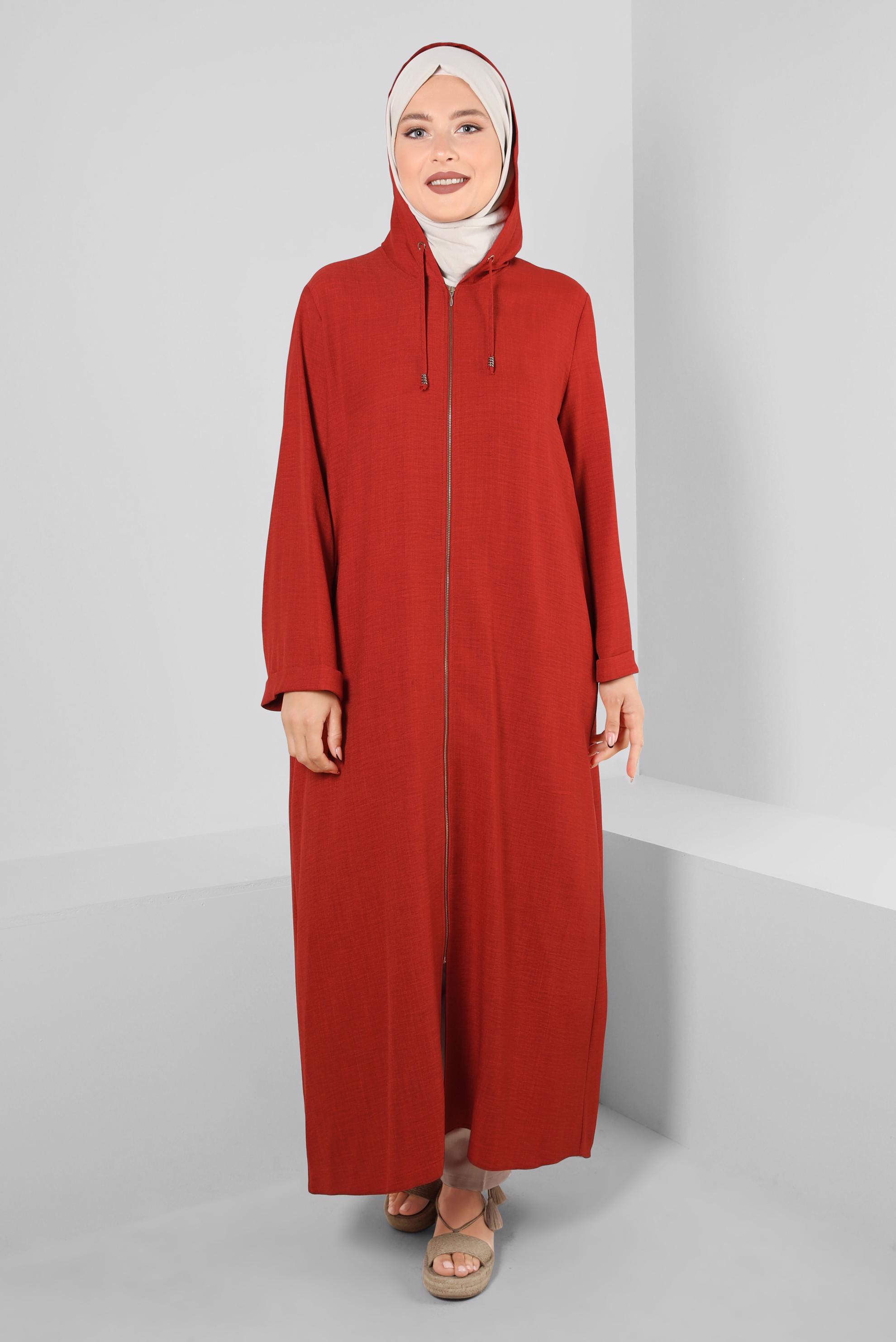 Tesettür giyim TURUNCU KAPÜŞONLU ARKASI BAĞLAMA DETAYLI KAP 43830