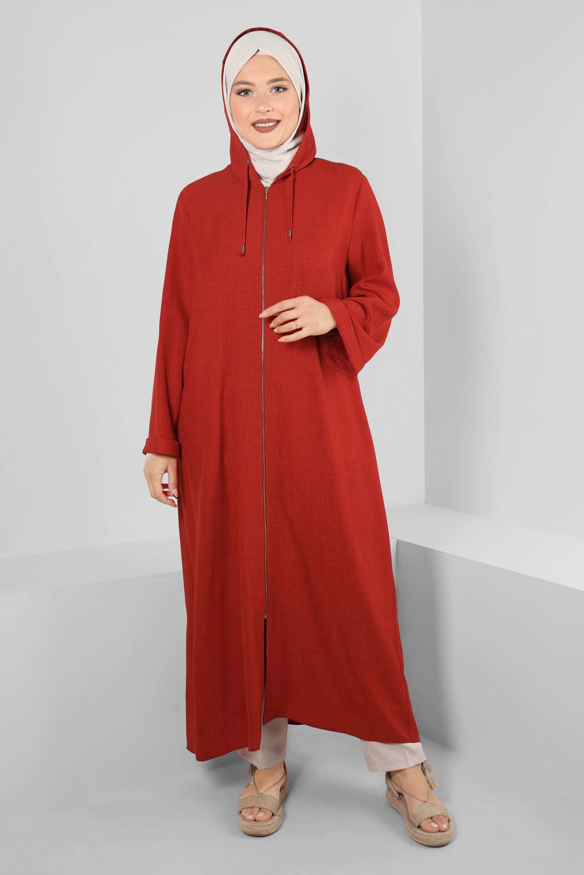 Tesettür giyim TURUNCU KAPÜŞONLU ARKASI BAĞLAMA DETAYLI KAP 43830