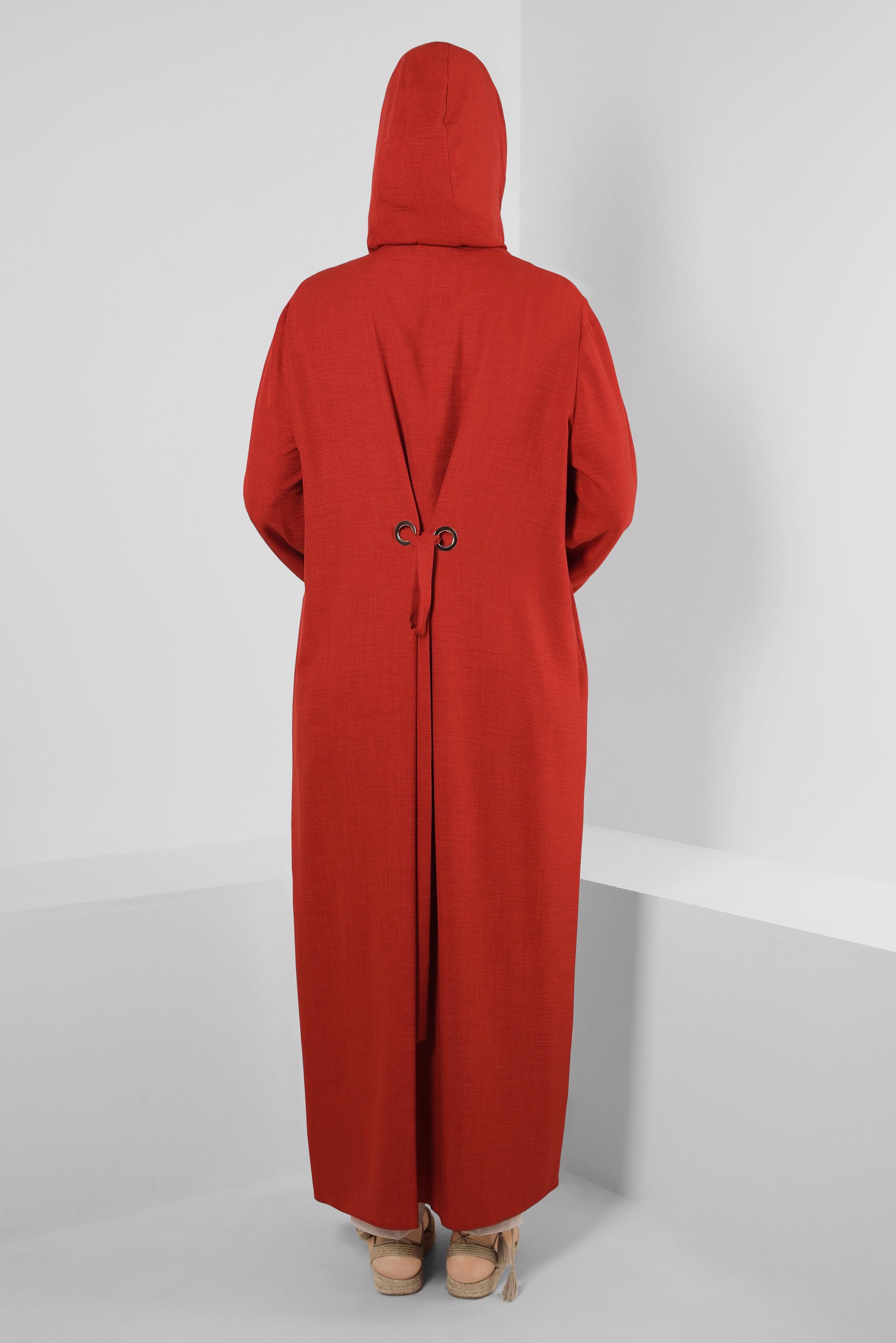 Tesettür giyim TURUNCU KAPÜŞONLU ARKASI BAĞLAMA DETAYLI KAP 43830