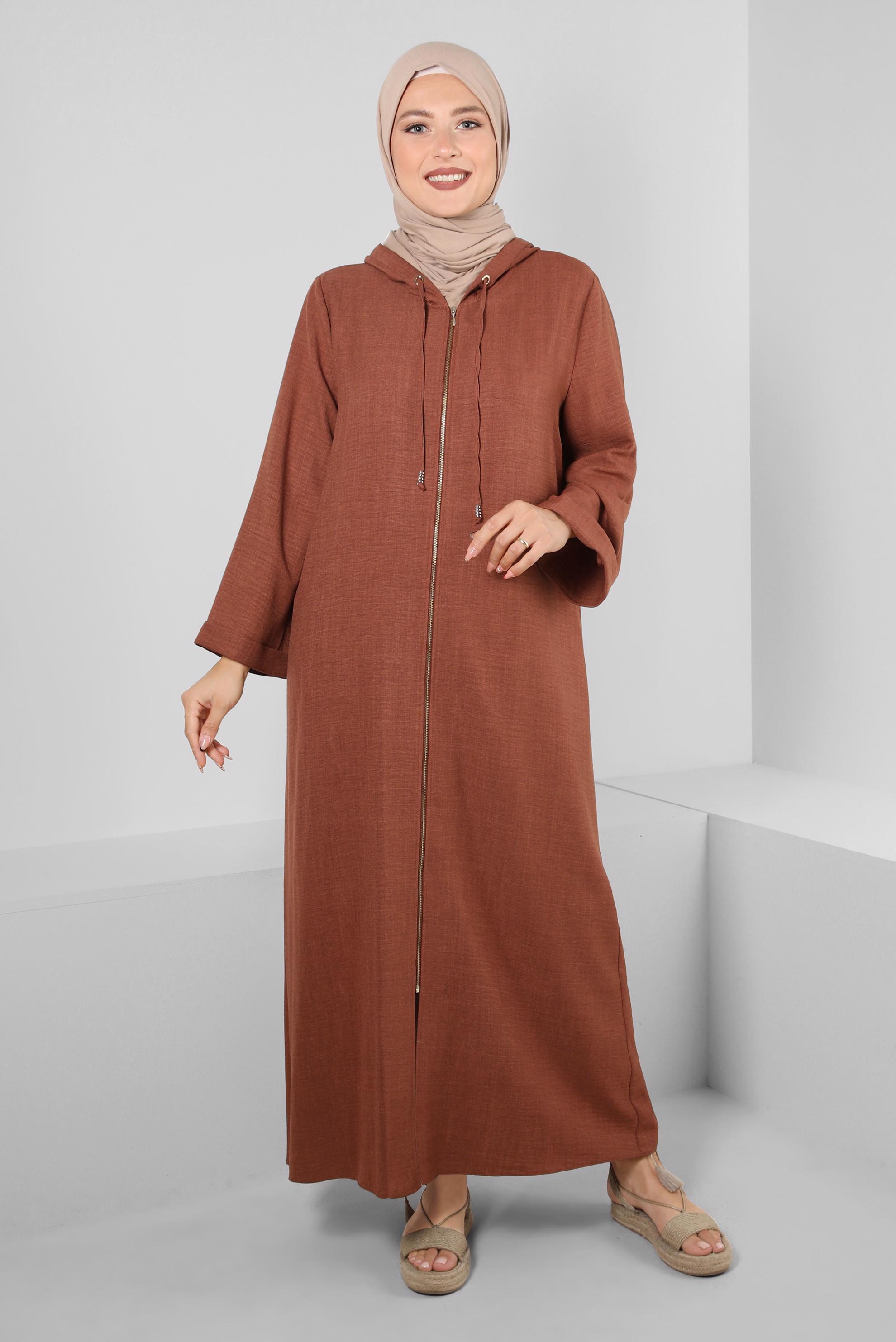 Tesettür giyim TABA KAPÜŞONLU ARKASI BAĞLAMA DETAYLI KAP 43830