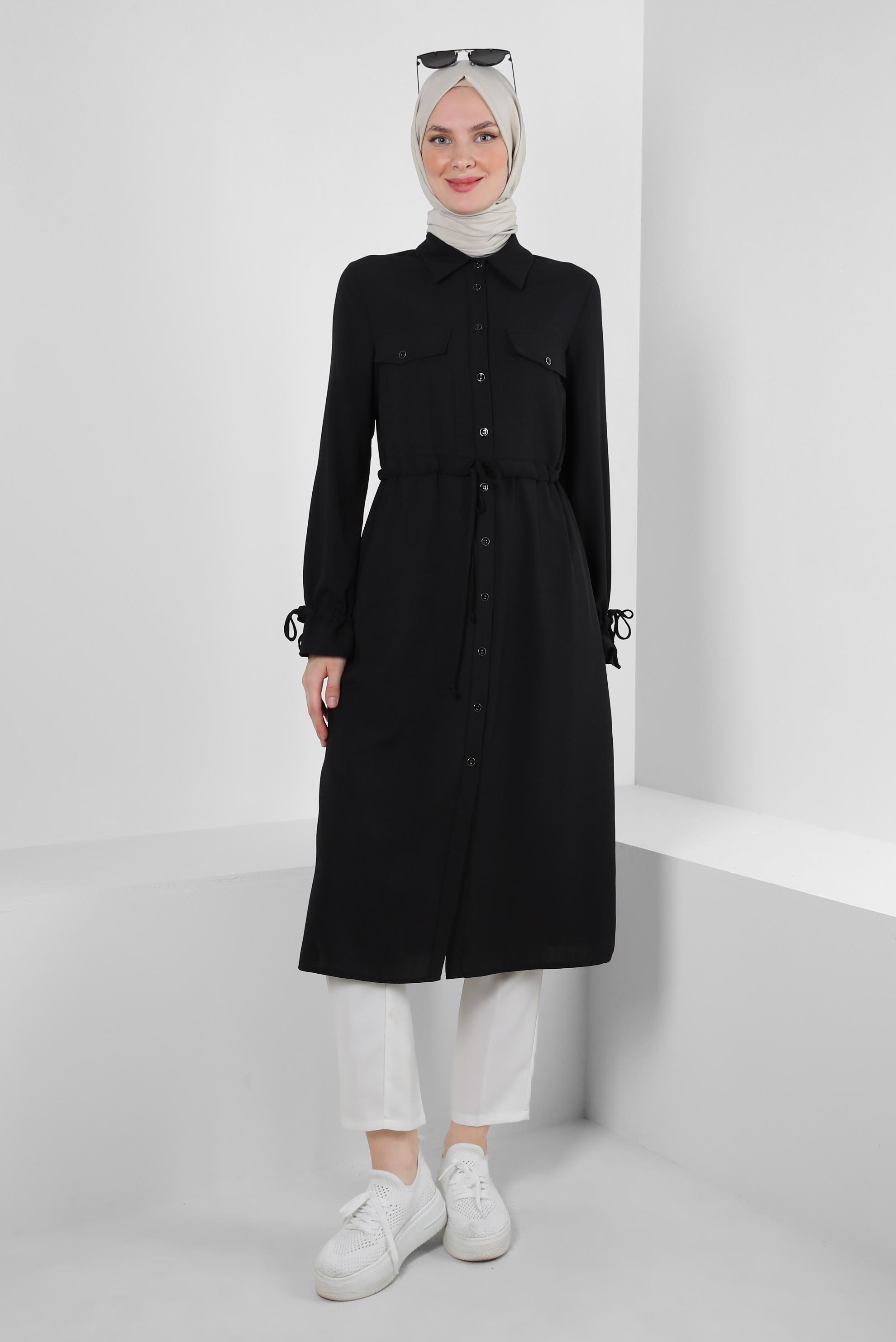 Tesettür giyim SİYAH MANŞETLERİ BÜZGÜLÜ DÜĞMELİ TUNİK 43831