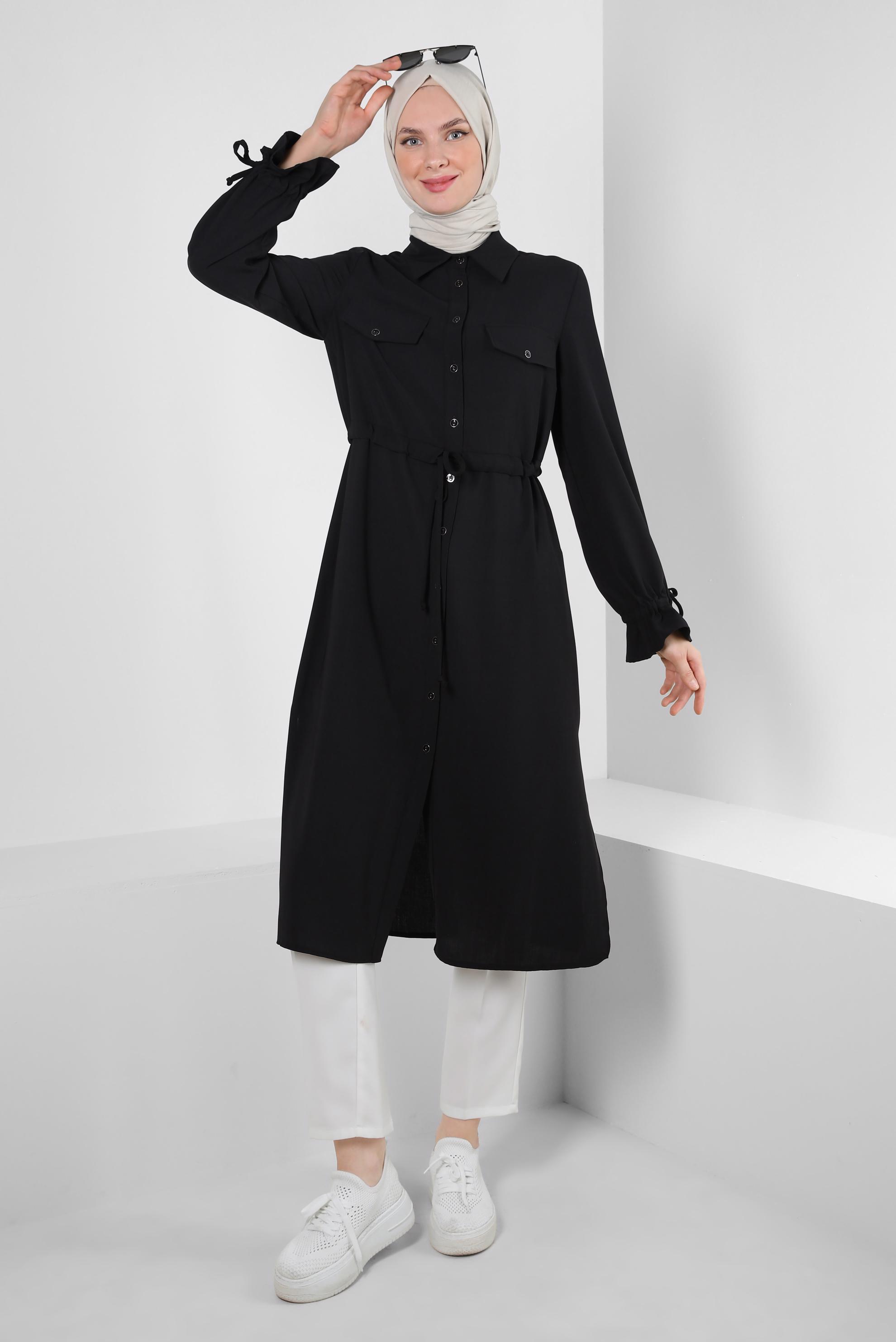 Tesettür giyim SİYAH MANŞETLERİ BÜZGÜLÜ DÜĞMELİ TUNİK 43831