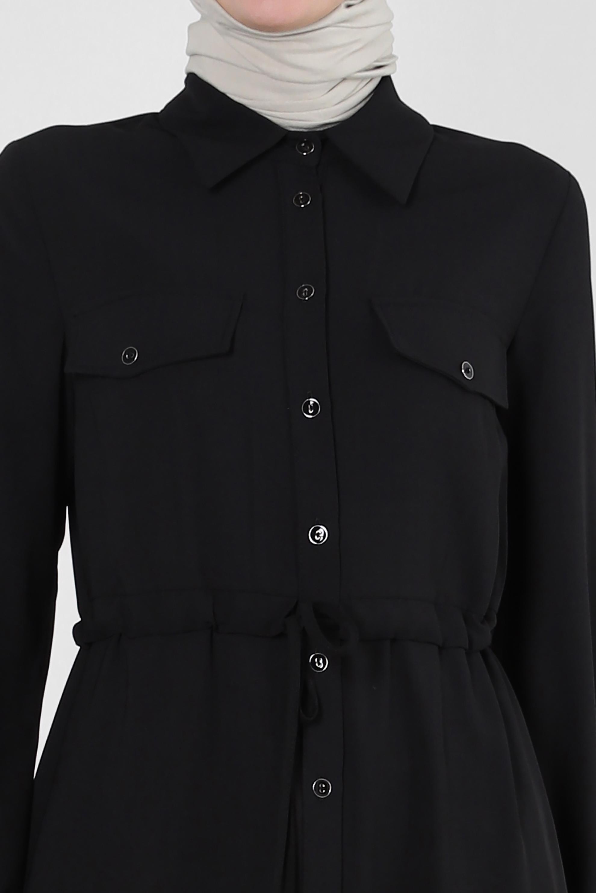 Tesettür giyim SİYAH MANŞETLERİ BÜZGÜLÜ DÜĞMELİ TUNİK 43831