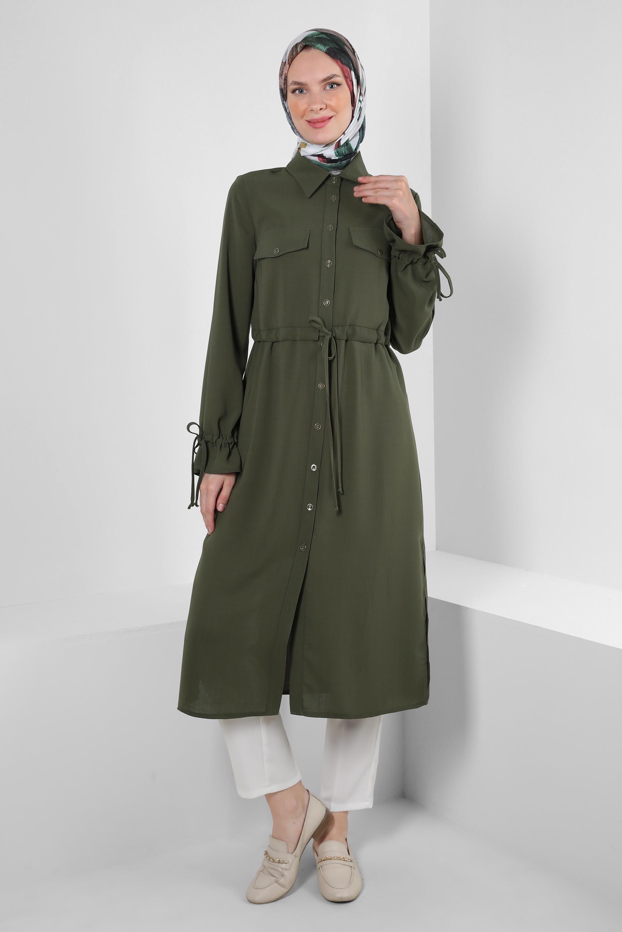 Tesettür giyim HAKİ MANŞETLERİ BÜZGÜLÜ DÜĞMELİ TUNİK 43831