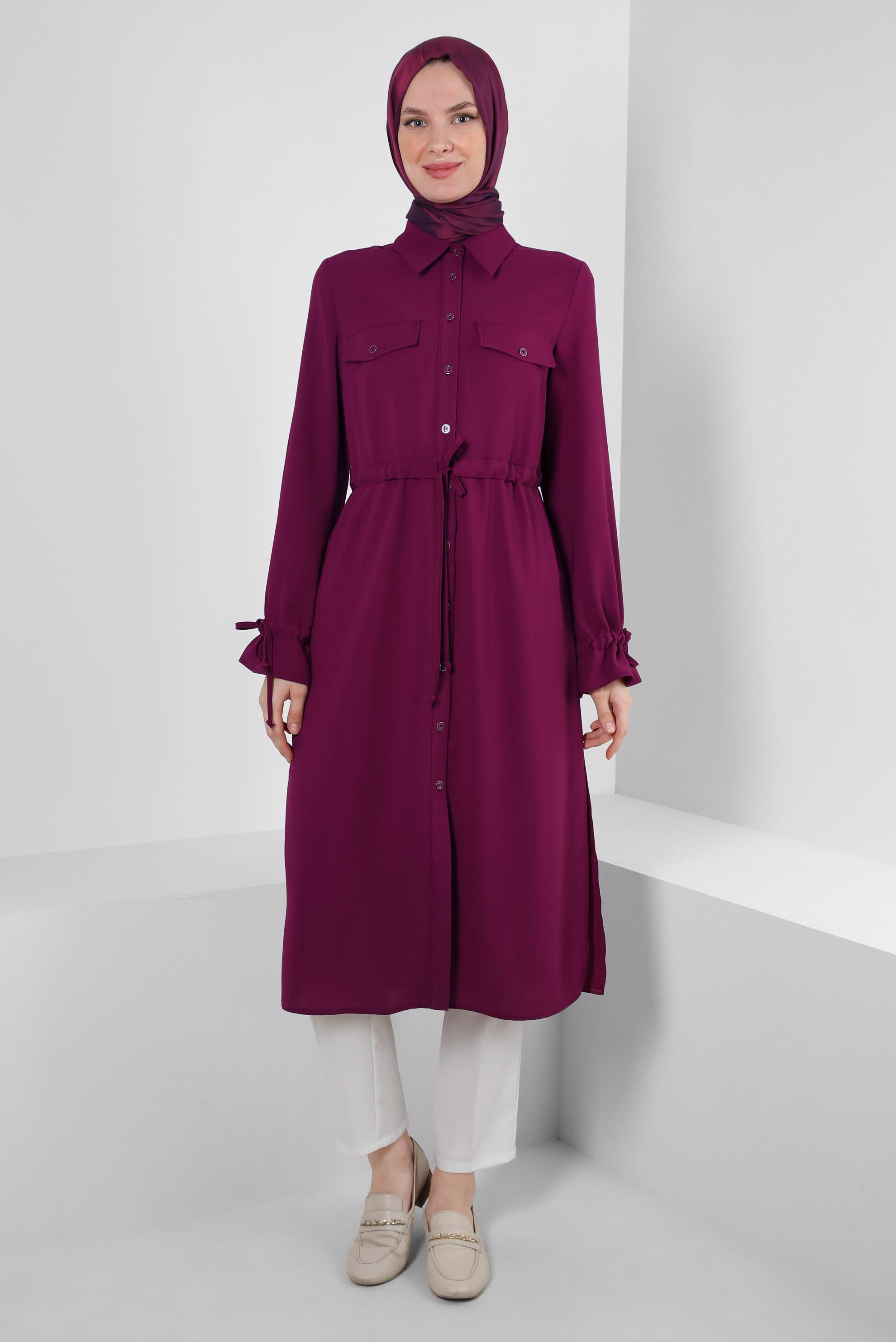 Tesettür giyim FUŞYA MANŞETLERİ BÜZGÜLÜ DÜĞMELİ TUNİK 43831