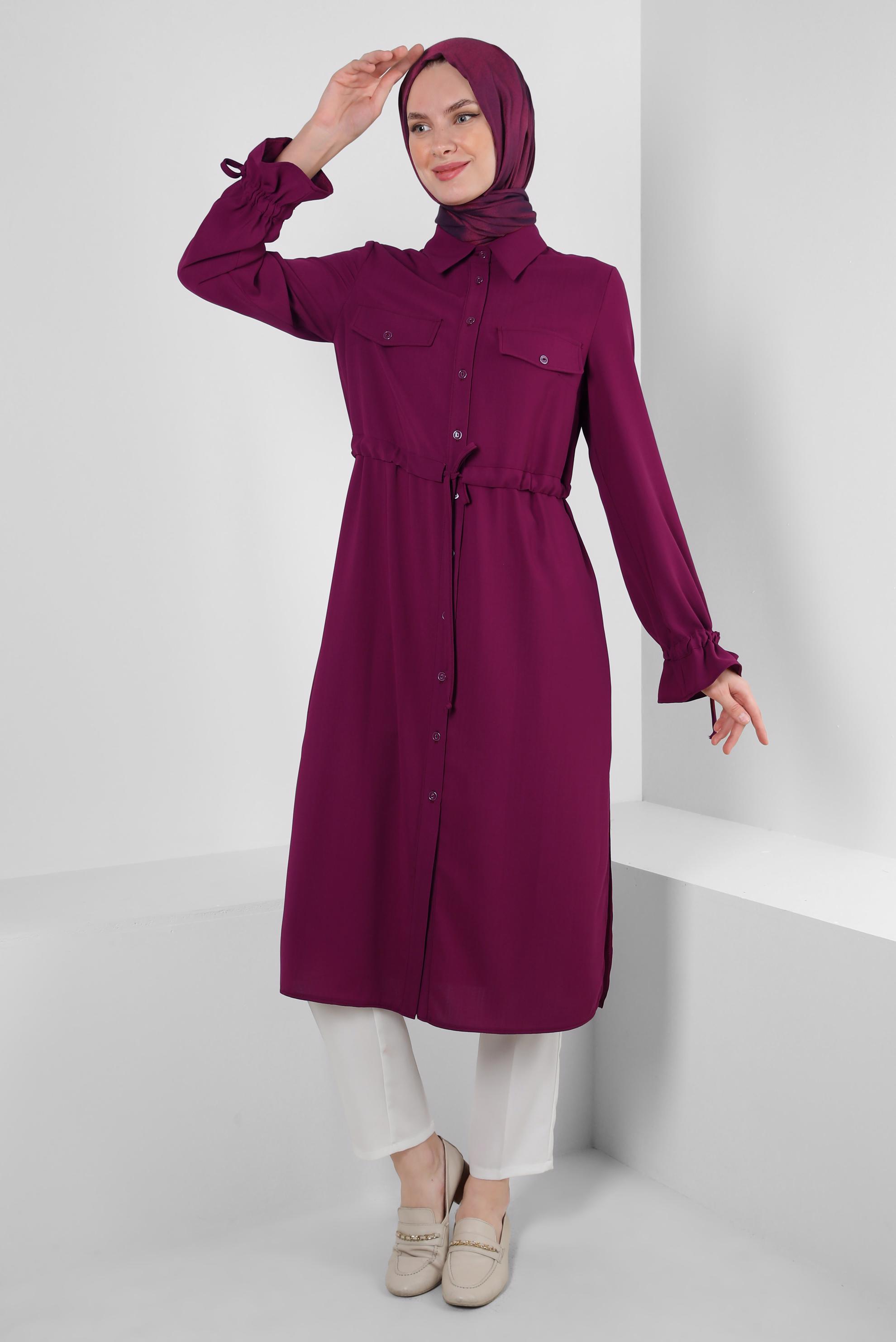 Tesettür giyim FUŞYA MANŞETLERİ BÜZGÜLÜ DÜĞMELİ TUNİK 43831