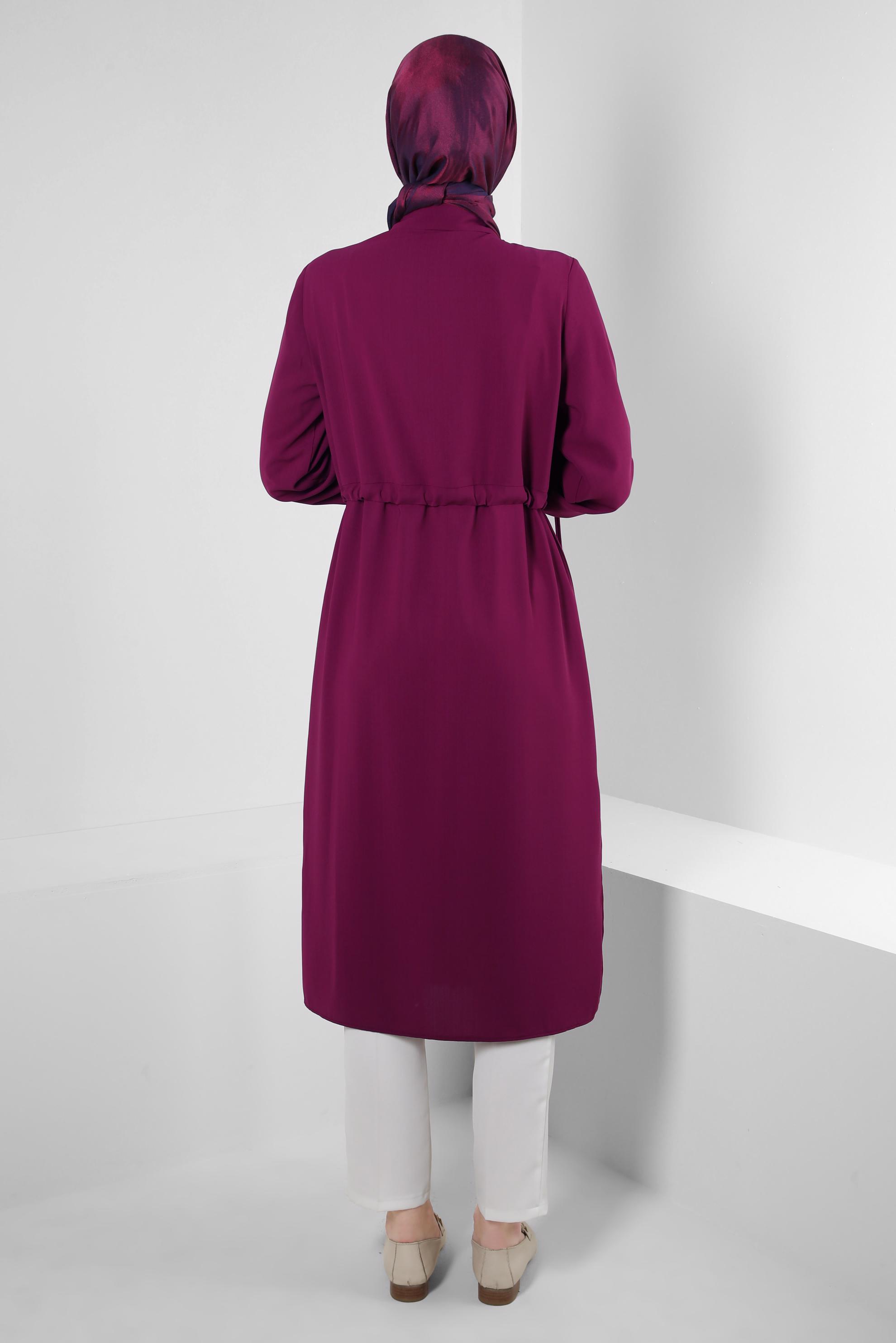 Tesettür giyim FUŞYA MANŞETLERİ BÜZGÜLÜ DÜĞMELİ TUNİK 43831