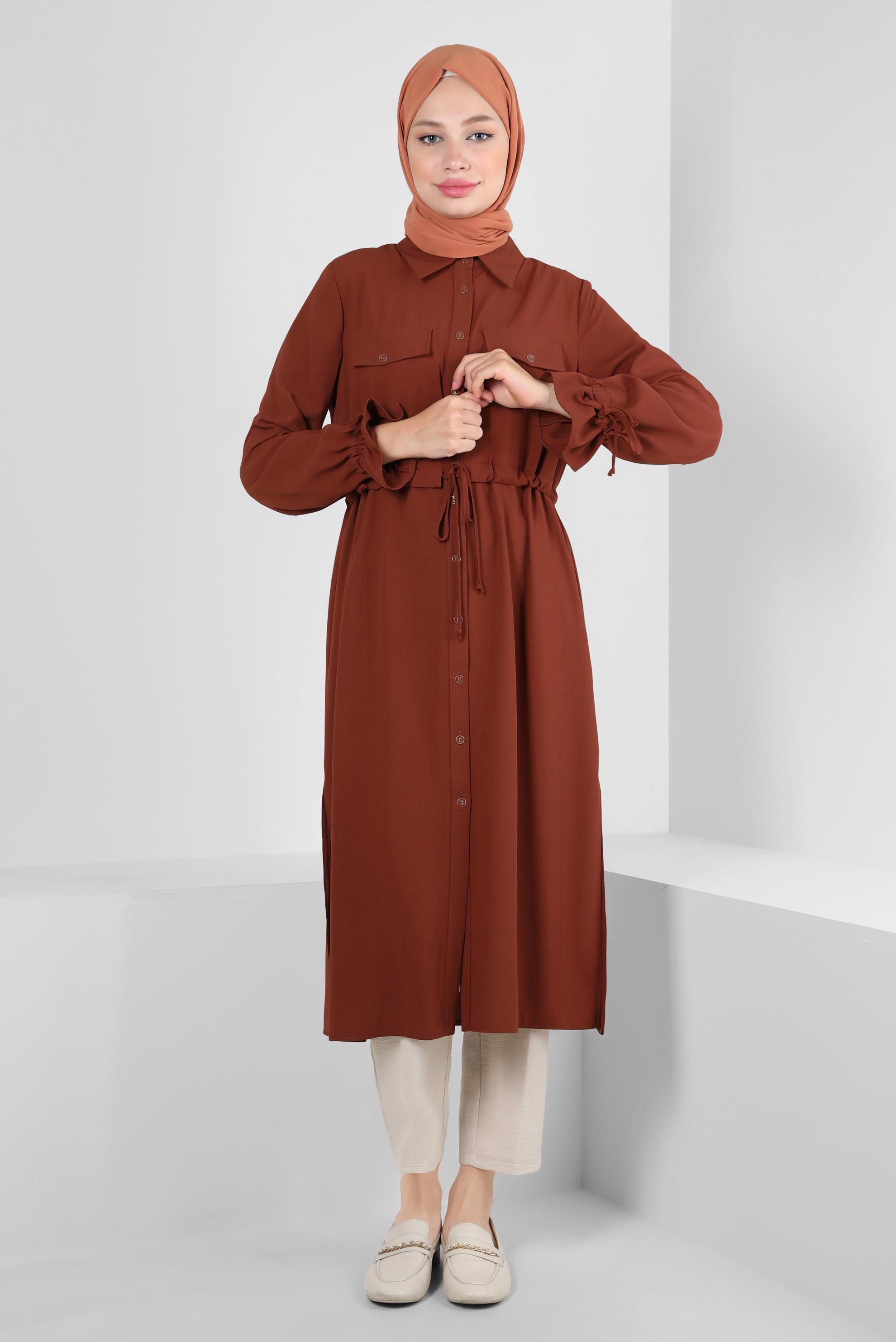 Tesettür giyim TURUNCU MANŞETLERİ BÜZGÜLÜ DÜĞMELİ TUNİK 43831