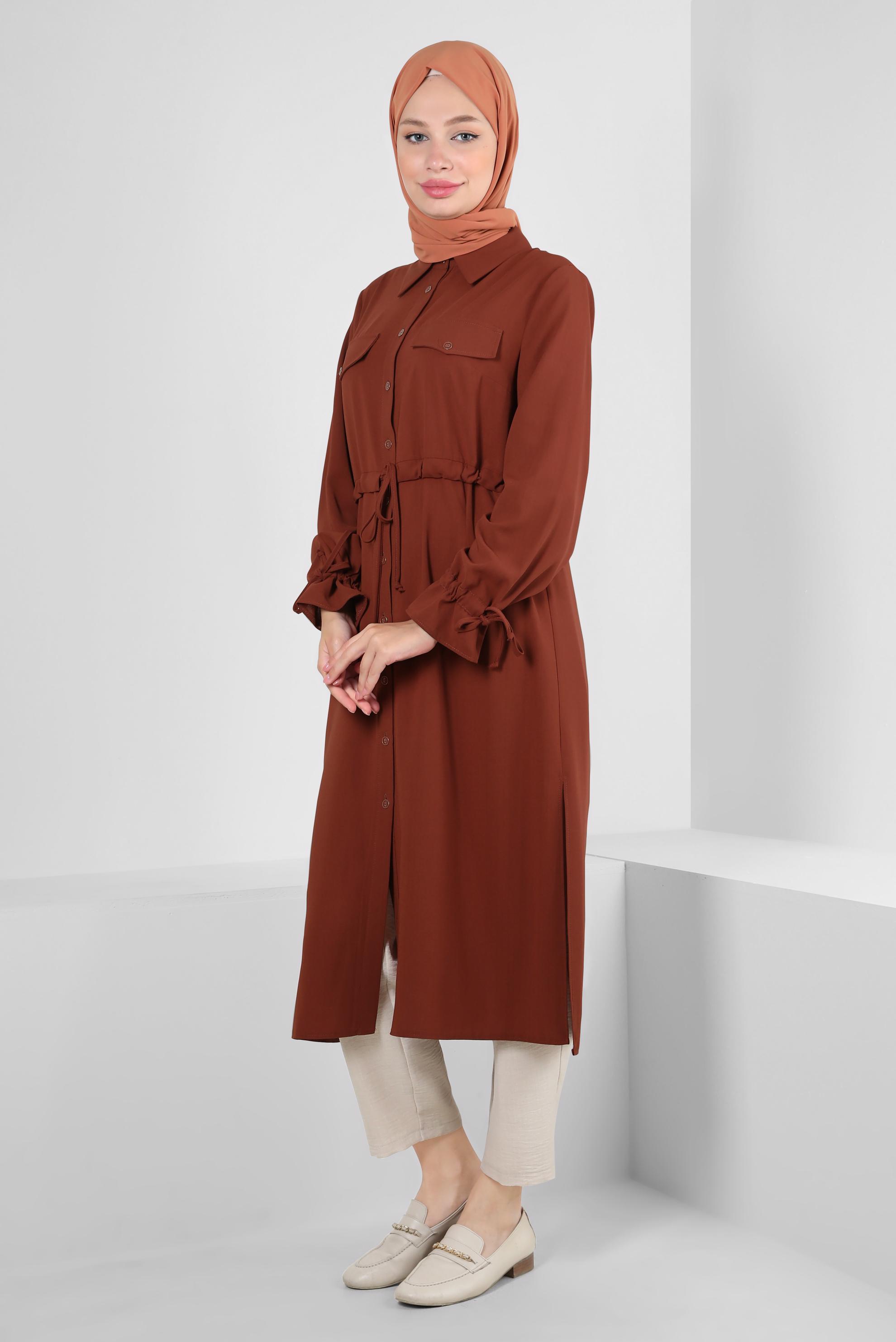Tesettür giyim TURUNCU MANŞETLERİ BÜZGÜLÜ DÜĞMELİ TUNİK 43831