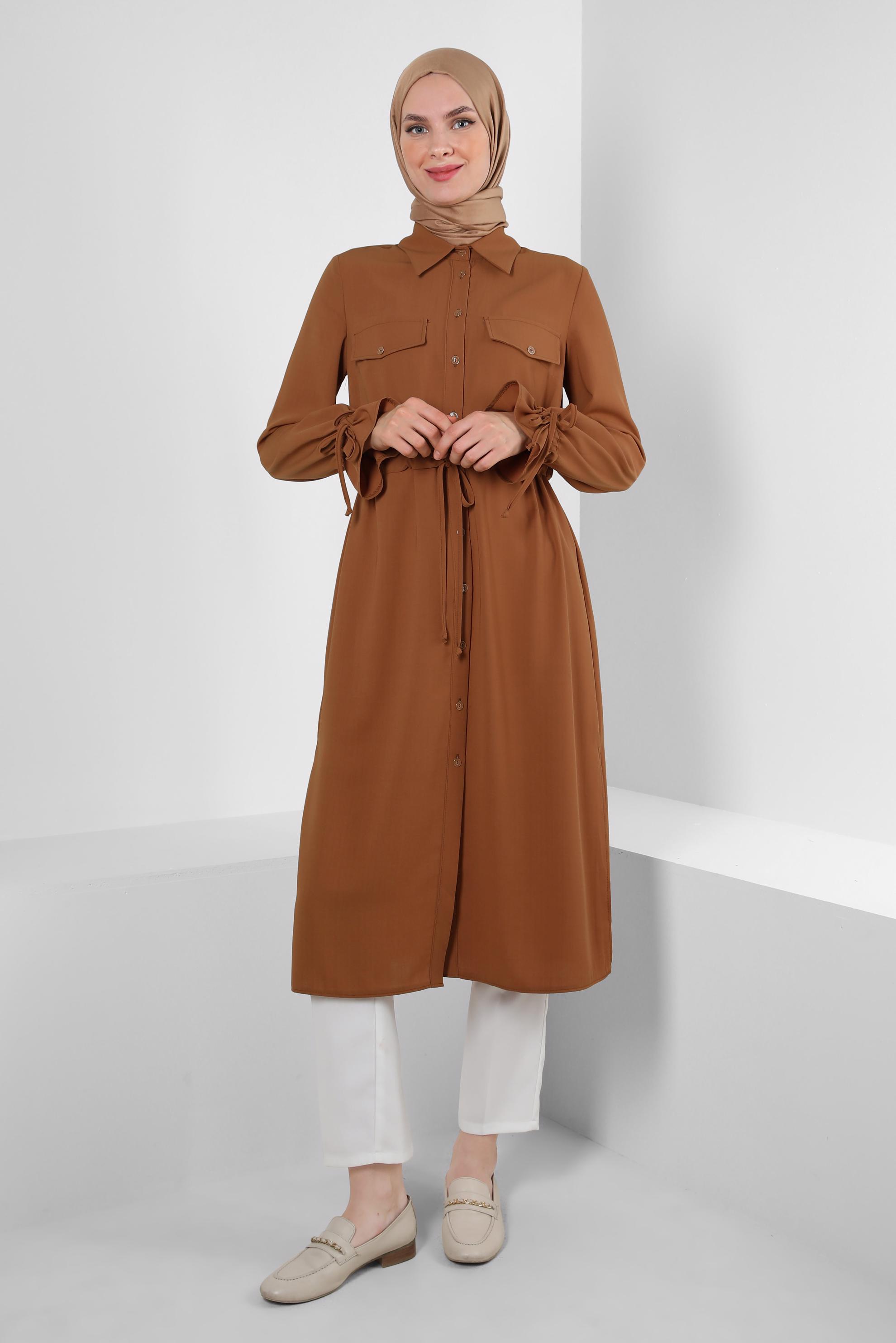 Tesettür giyim SARI MANŞETLERİ BÜZGÜLÜ DÜĞMELİ TUNİK 43831