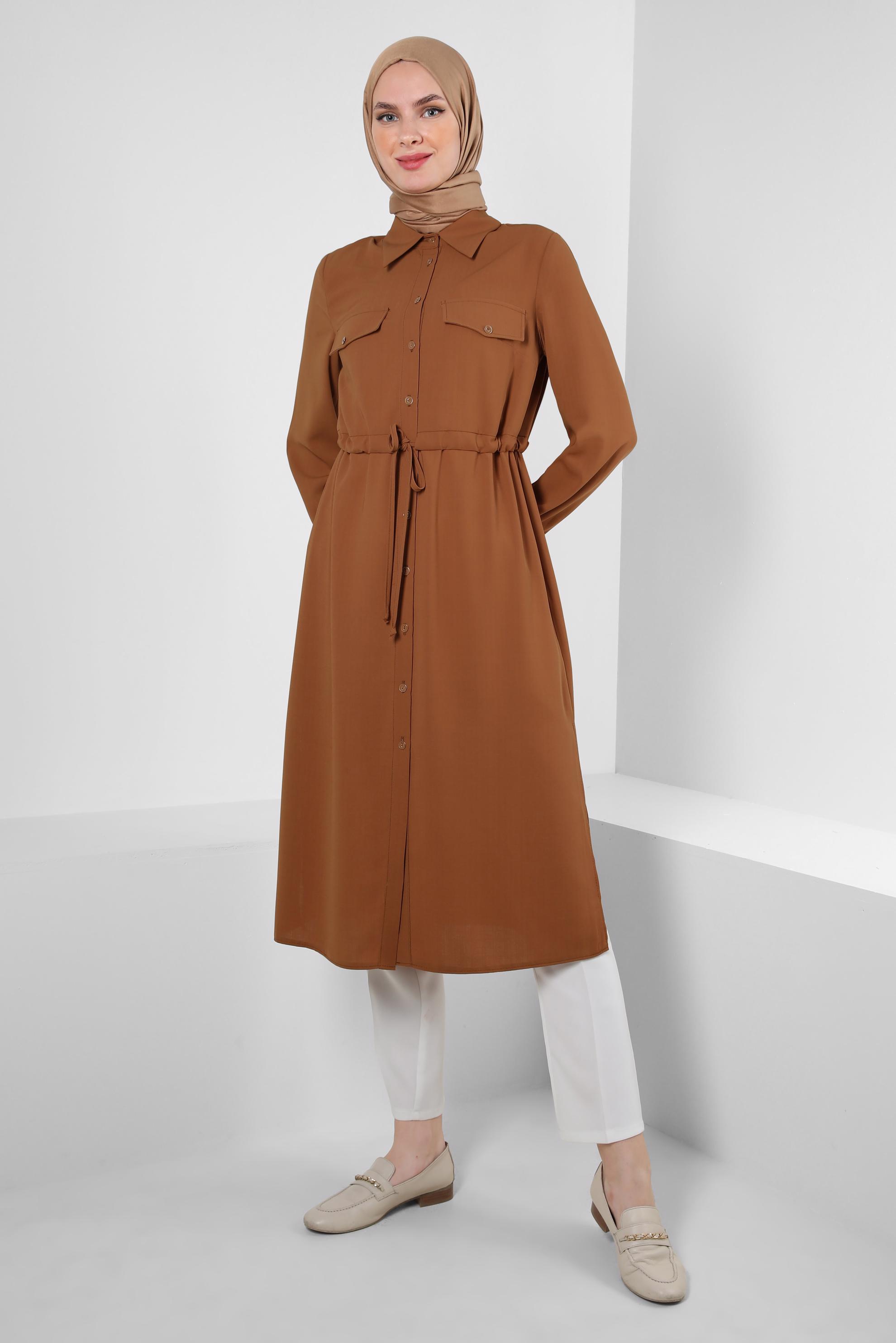 Tesettür giyim SARI MANŞETLERİ BÜZGÜLÜ DÜĞMELİ TUNİK 43831