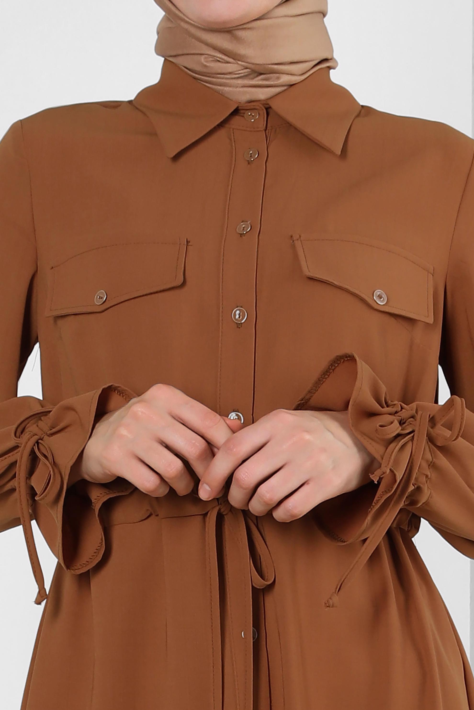 Tesettür giyim SARI MANŞETLERİ BÜZGÜLÜ DÜĞMELİ TUNİK 43831