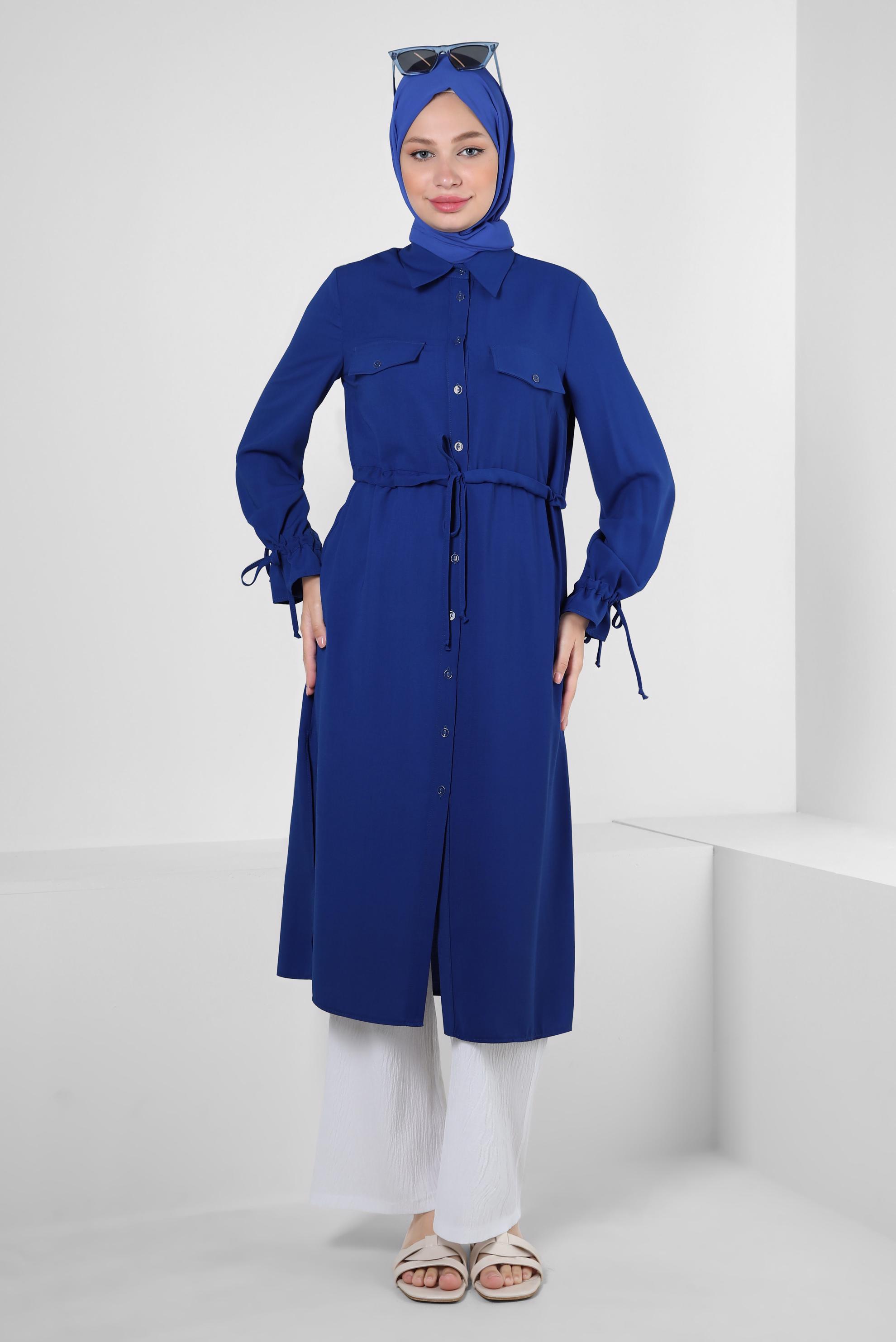 Tesettür giyim LACİVERT MANŞETLERİ BÜZGÜLÜ DÜĞMELİ TUNİK 43831