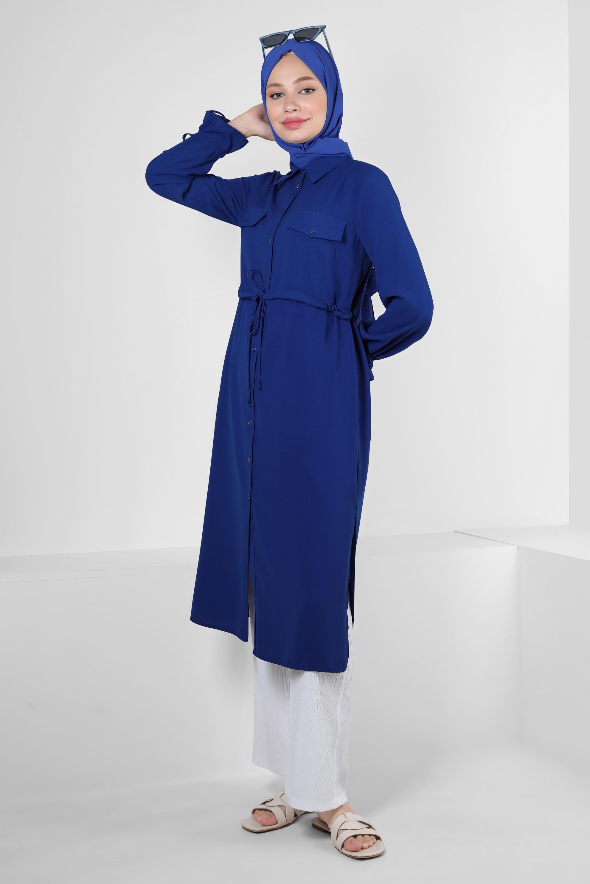 Tesettür giyim LACİVERT MANŞETLERİ BÜZGÜLÜ DÜĞMELİ TUNİK 43831