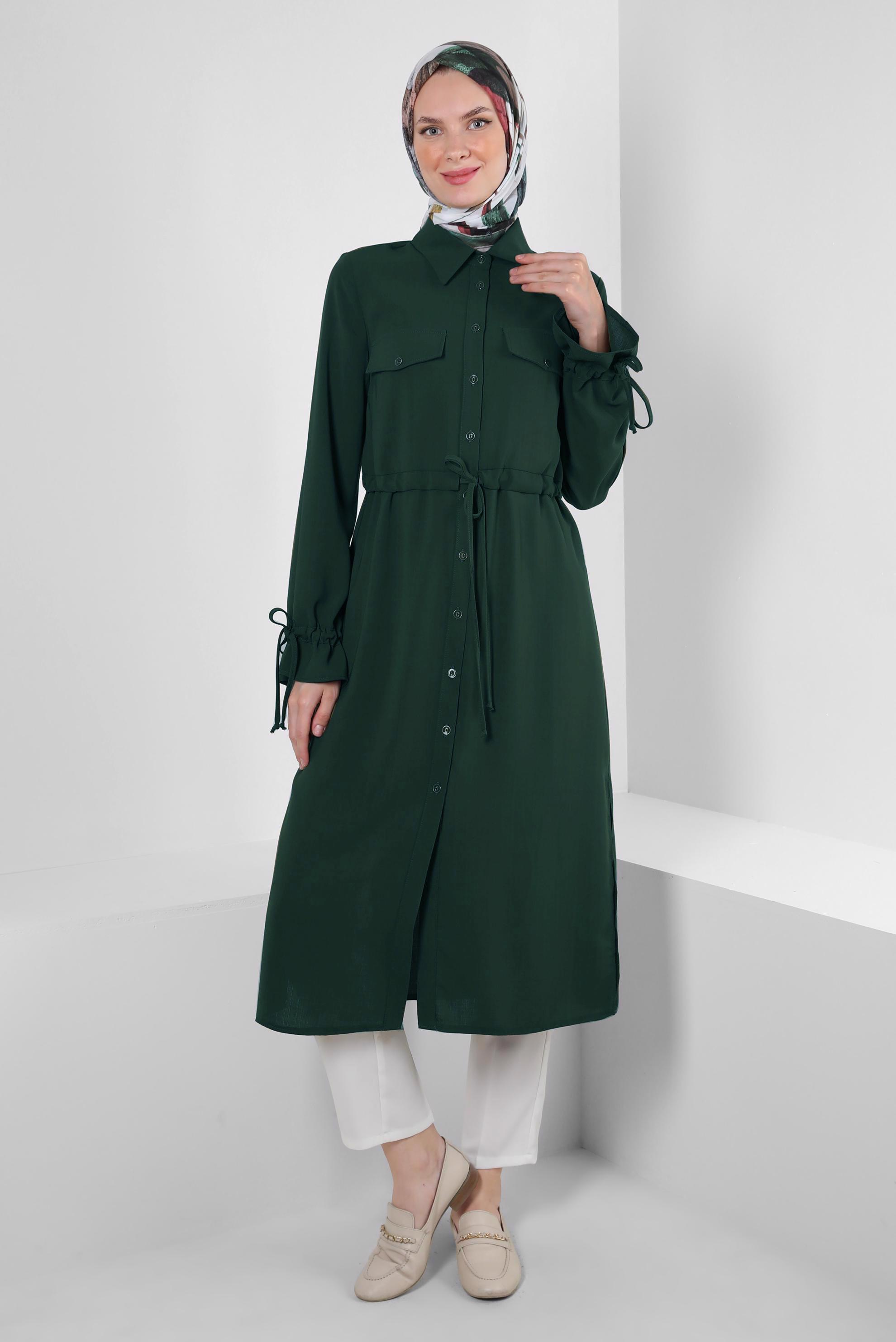 Tesettür giyim HAKİ MANŞETLERİ BÜZGÜLÜ DÜĞMELİ TUNİK 43831