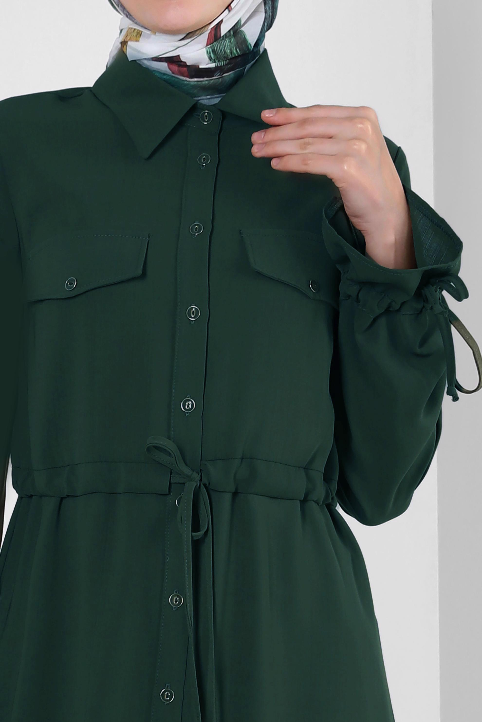 Tesettür giyim HAKİ MANŞETLERİ BÜZGÜLÜ DÜĞMELİ TUNİK 43831