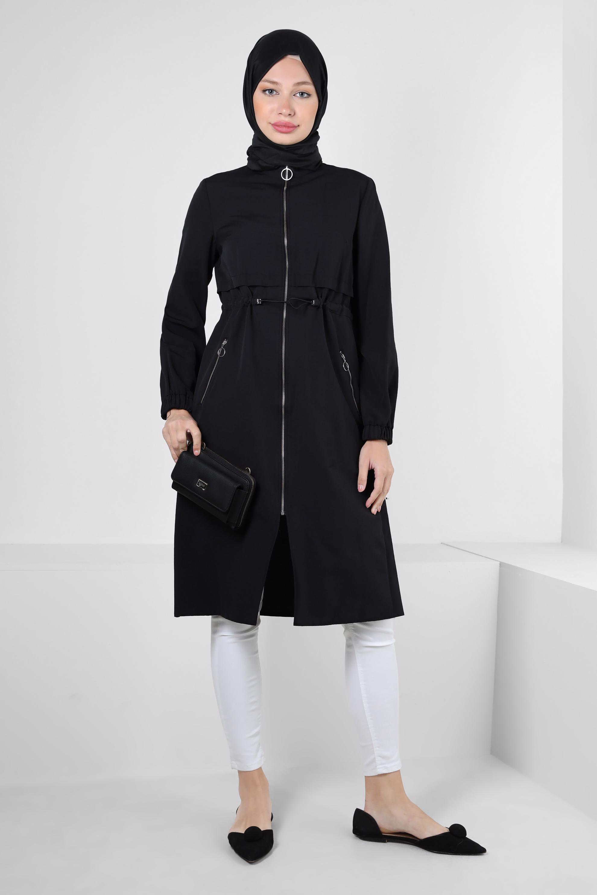 Tesettür giyim SİYAH FERMUARLI BELİ BÜZGÜLÜ CEPLİ TUNİK 43832