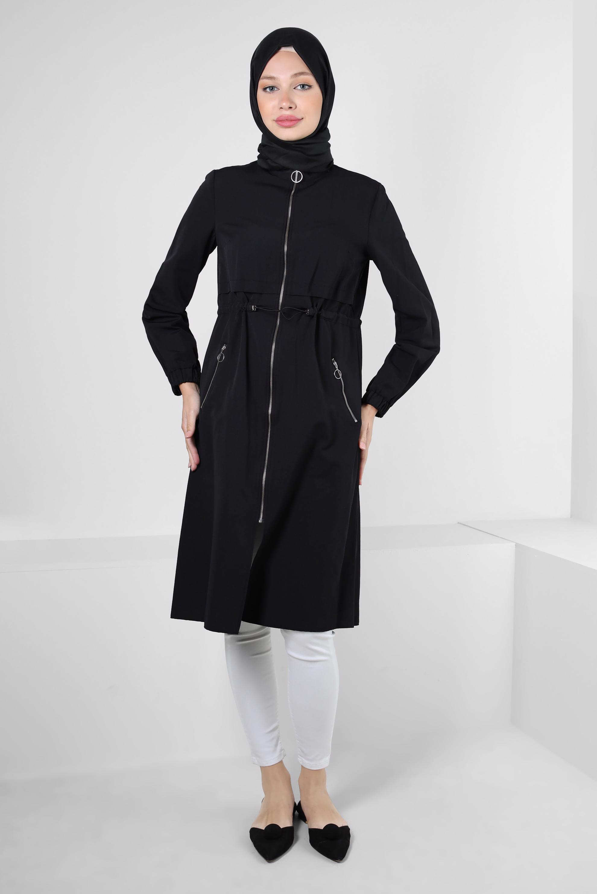 Tesettür giyim SİYAH FERMUARLI BELİ BÜZGÜLÜ CEPLİ TUNİK 43832