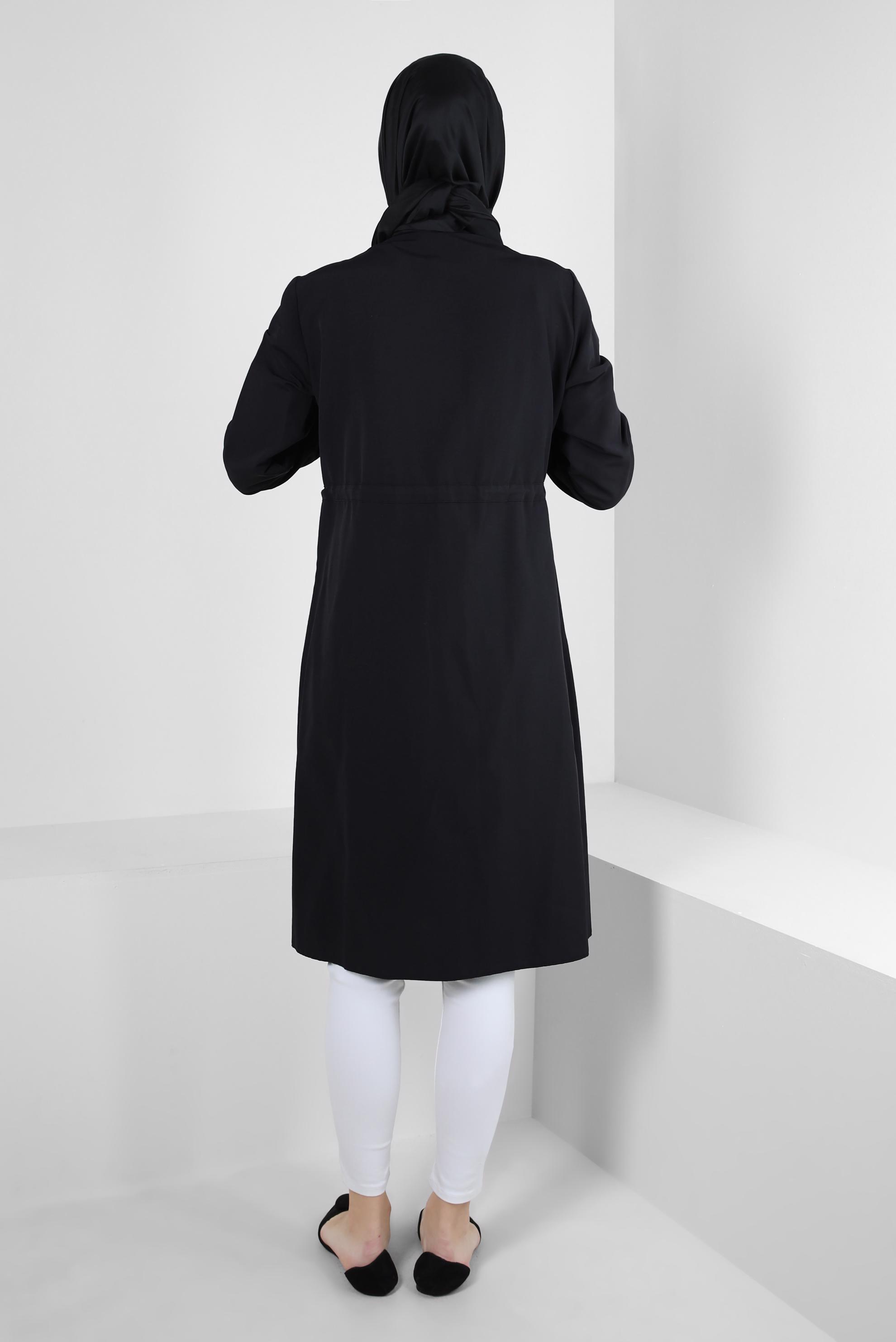 Tesettür giyim SİYAH FERMUARLI BELİ BÜZGÜLÜ CEPLİ TUNİK 43832