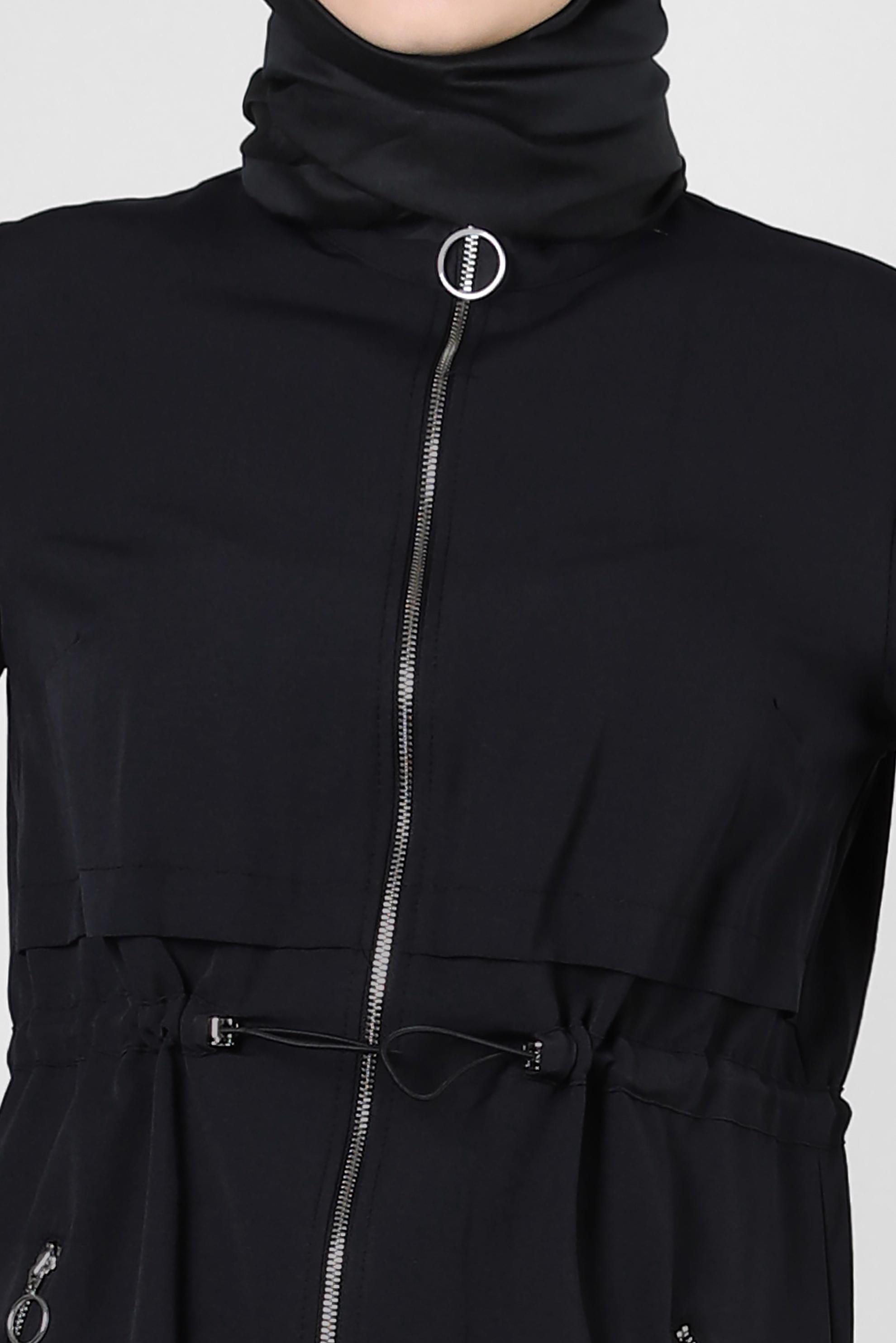 Tesettür giyim SİYAH FERMUARLI BELİ BÜZGÜLÜ CEPLİ TUNİK 43832