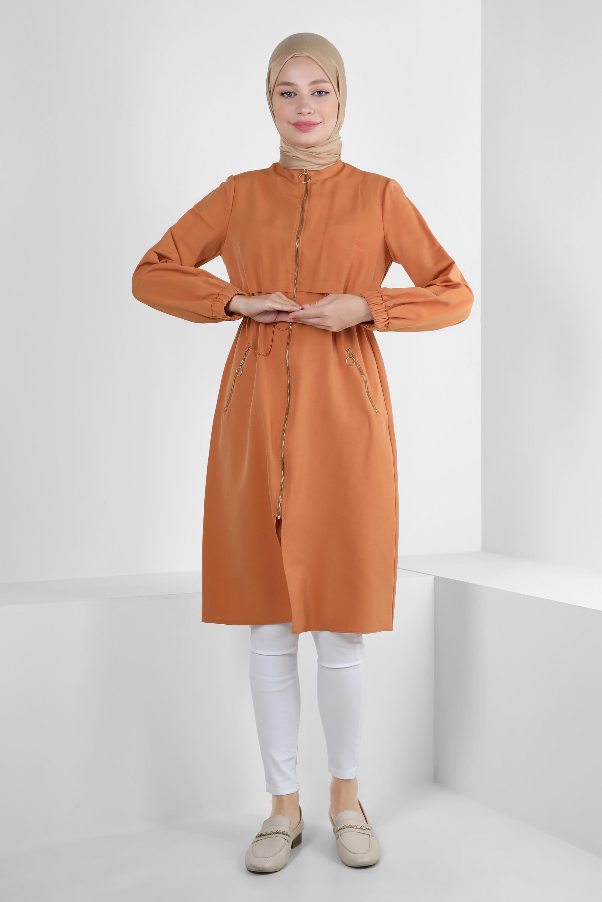 Tesettür giyim TURUNCU FERMUARLI BELİ BÜZGÜLÜ CEPLİ TUNİK 43832
