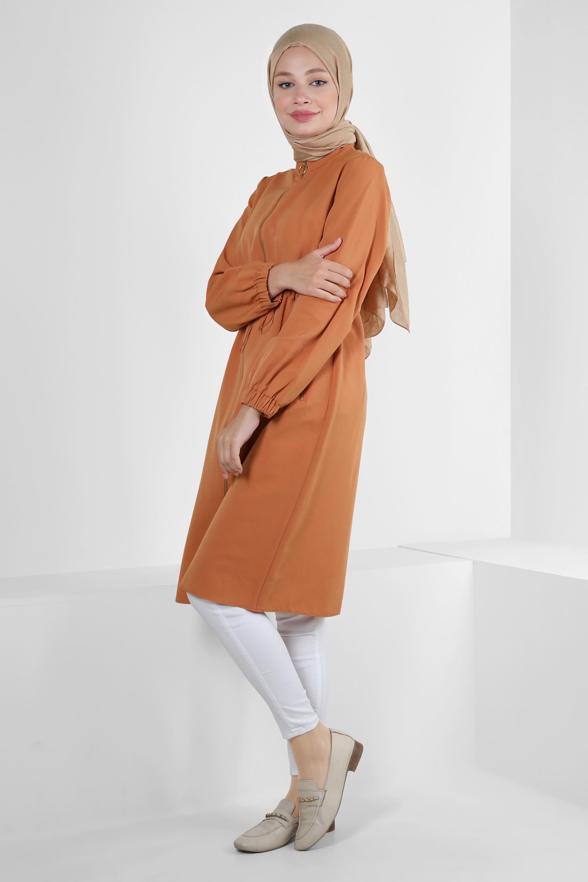 Tesettür giyim TURUNCU FERMUARLI BELİ BÜZGÜLÜ CEPLİ TUNİK 43832