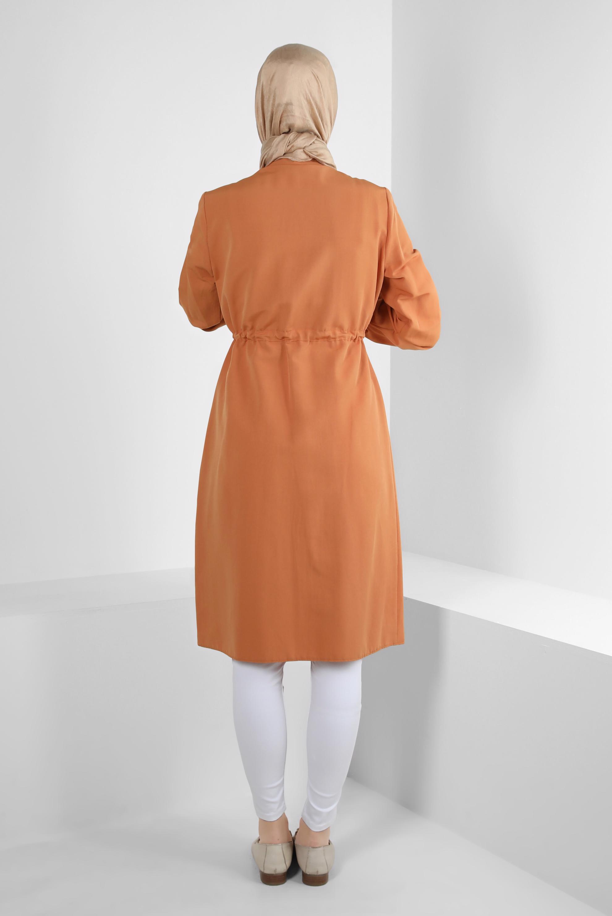 Tesettür giyim TURUNCU FERMUARLI BELİ BÜZGÜLÜ CEPLİ TUNİK 43832