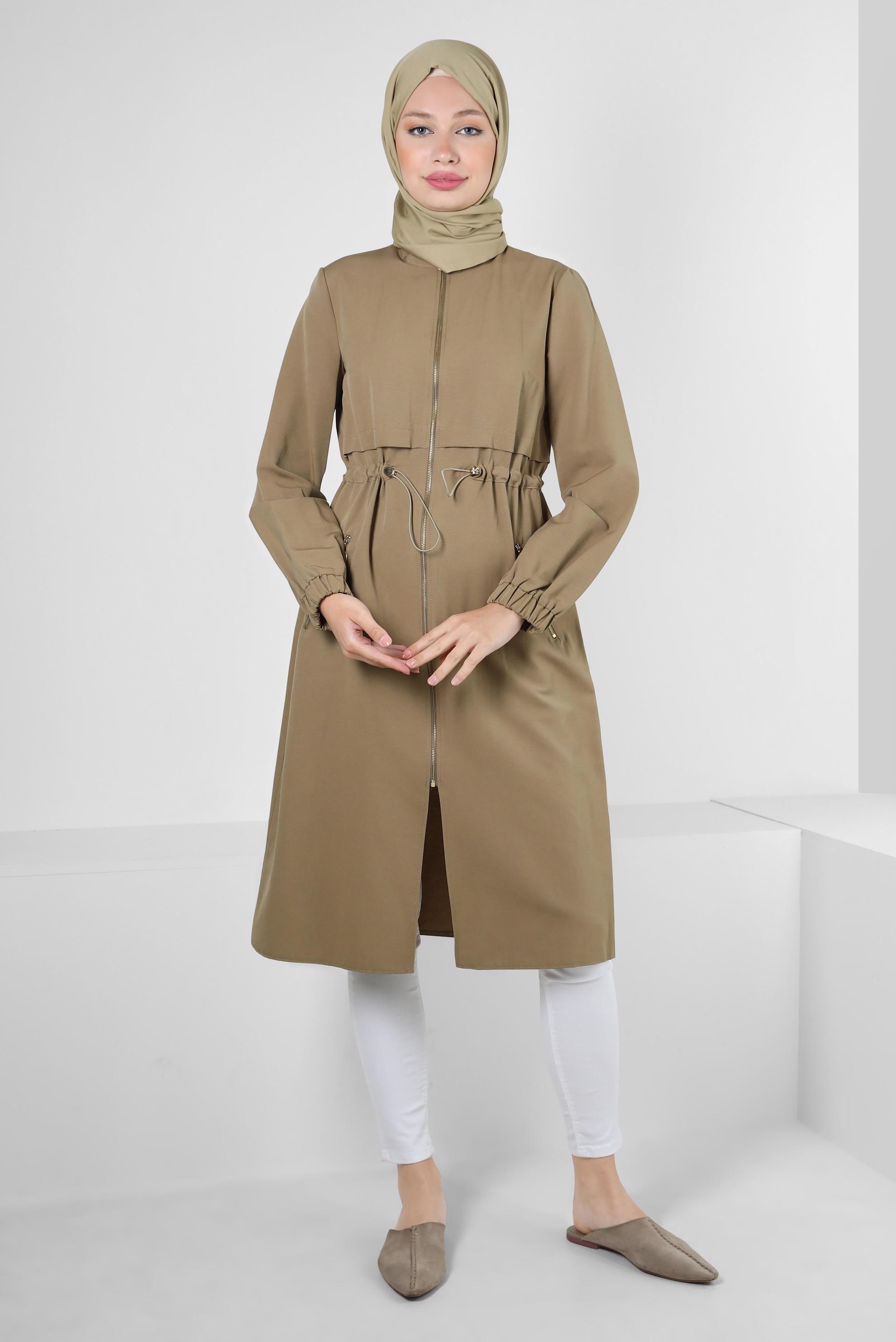 Tesettür giyim KAHVE FERMUARLI BELİ BÜZGÜLÜ CEPLİ TUNİK 43832