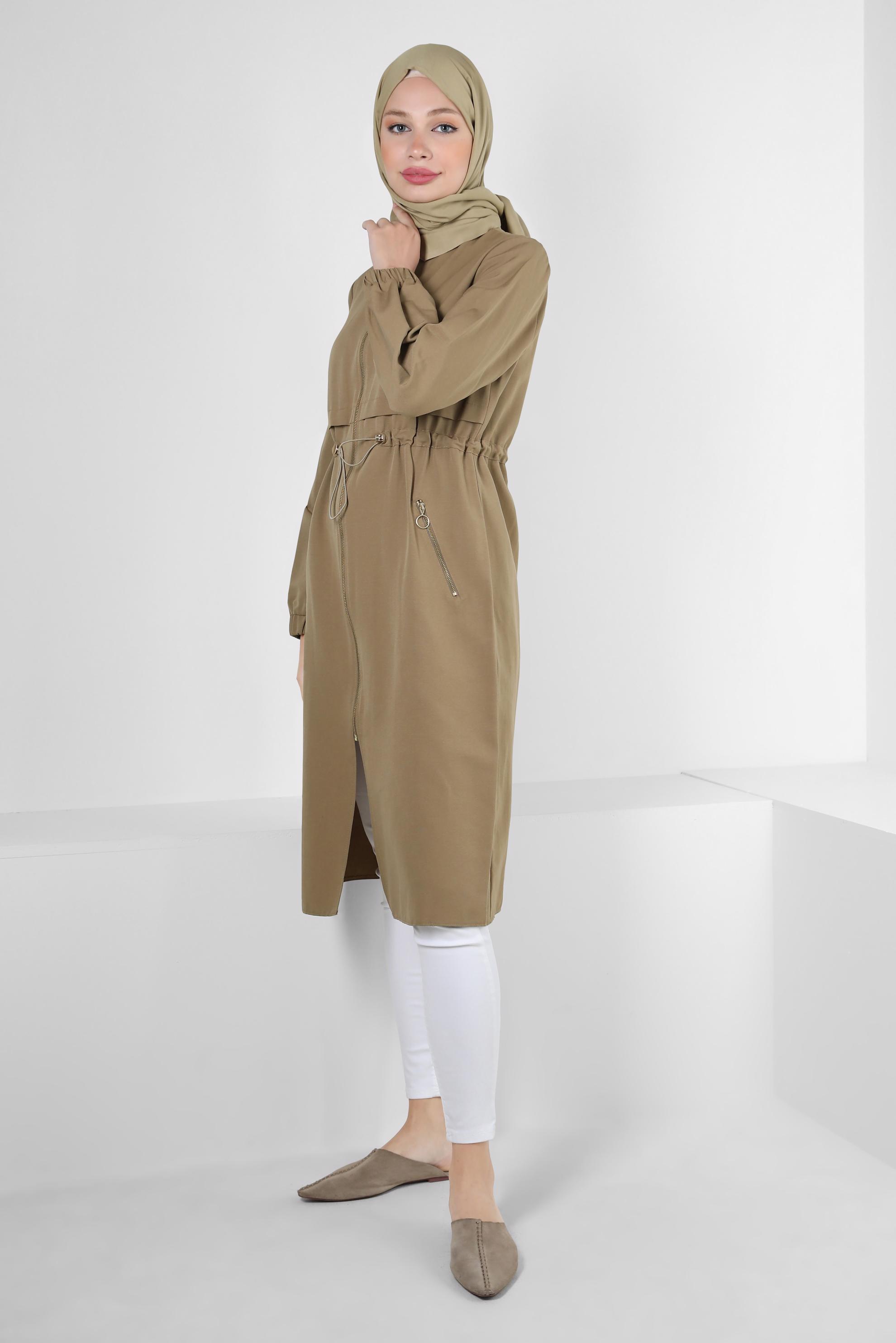 Tesettür giyim KAHVE FERMUARLI BELİ BÜZGÜLÜ CEPLİ TUNİK 43832