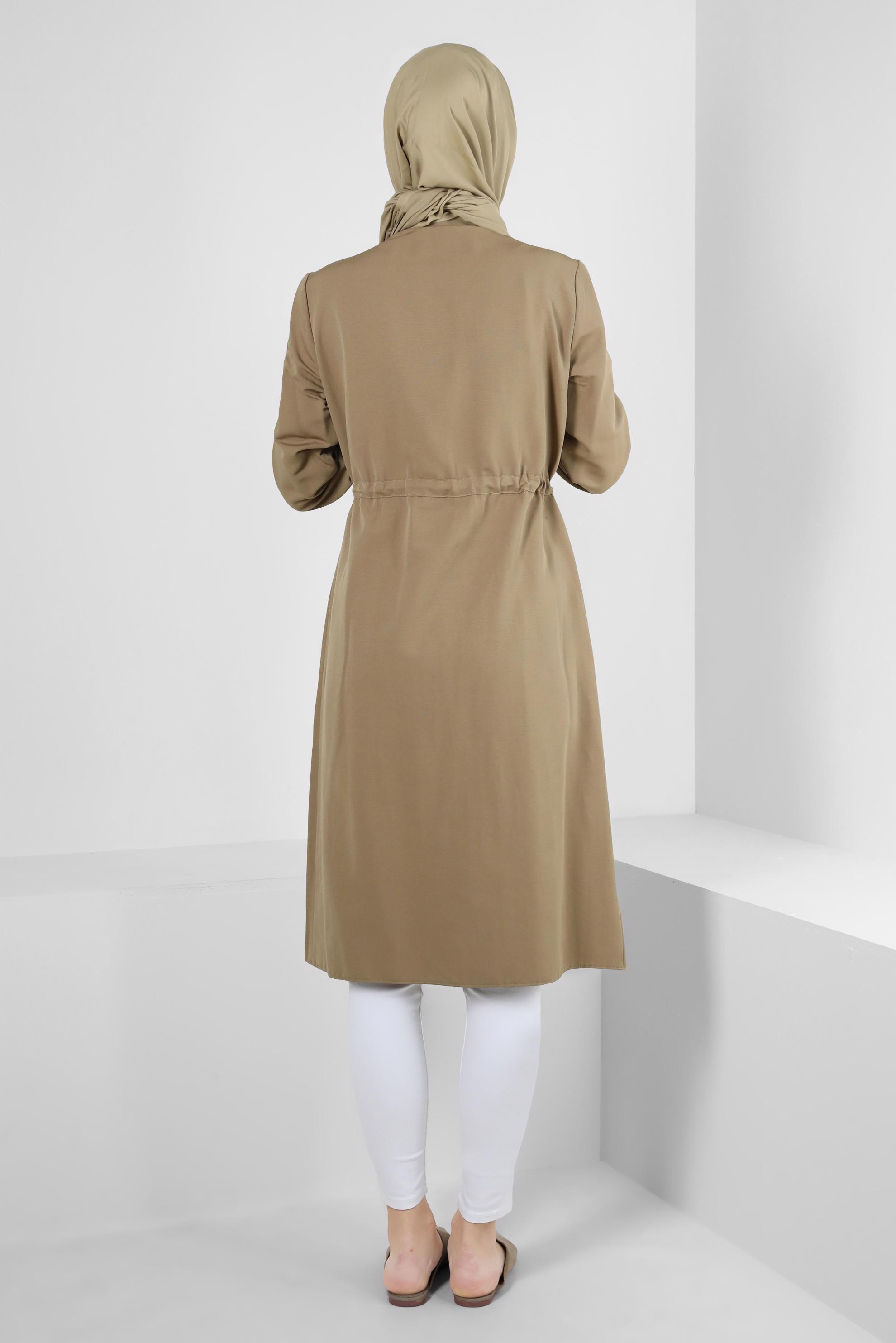 Tesettür giyim KAHVE FERMUARLI BELİ BÜZGÜLÜ CEPLİ TUNİK 43832