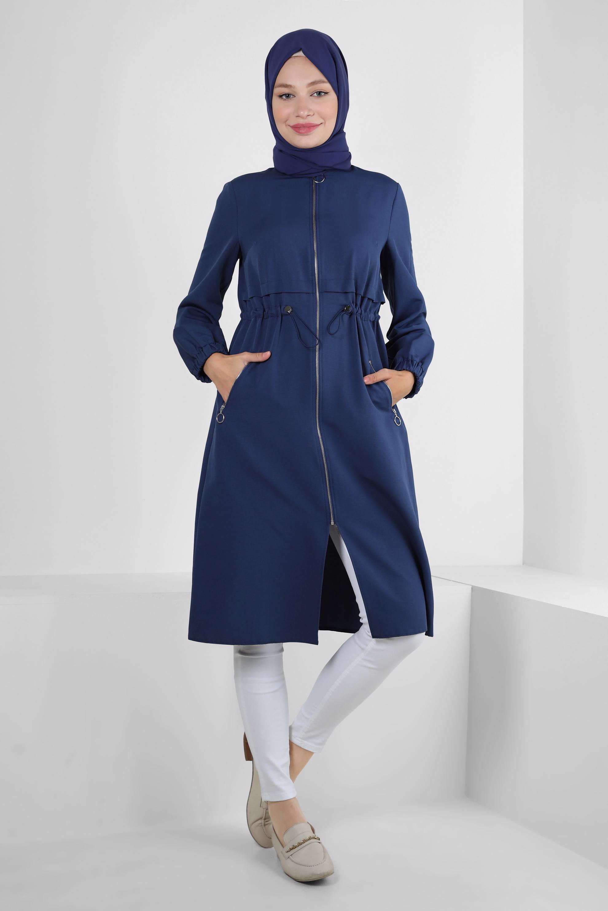 Tesettür giyim LACİVERT FERMUARLI BELİ BÜZGÜLÜ CEPLİ TUNİK 43832