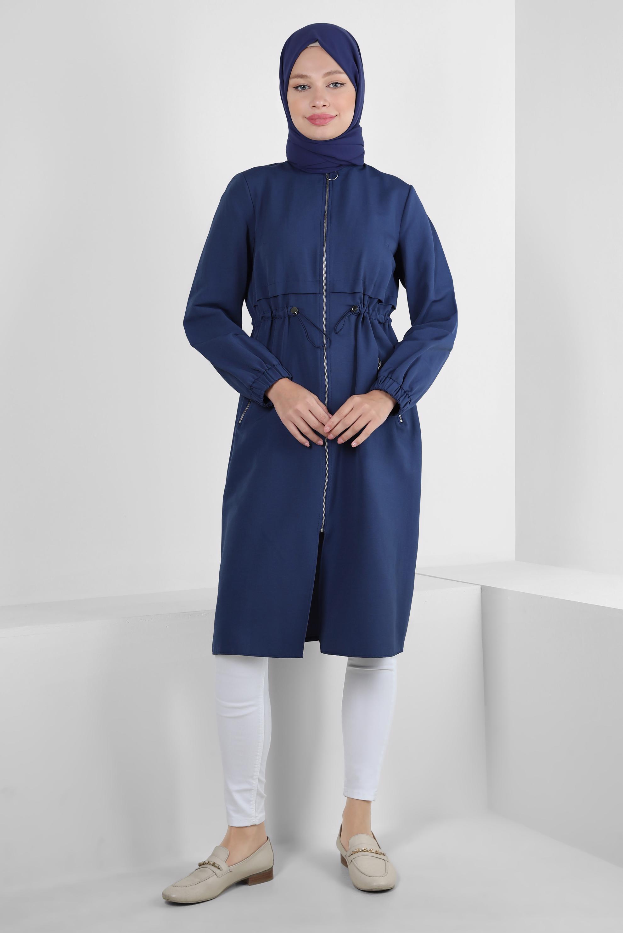 Tesettür giyim LACİVERT FERMUARLI BELİ BÜZGÜLÜ CEPLİ TUNİK 43832