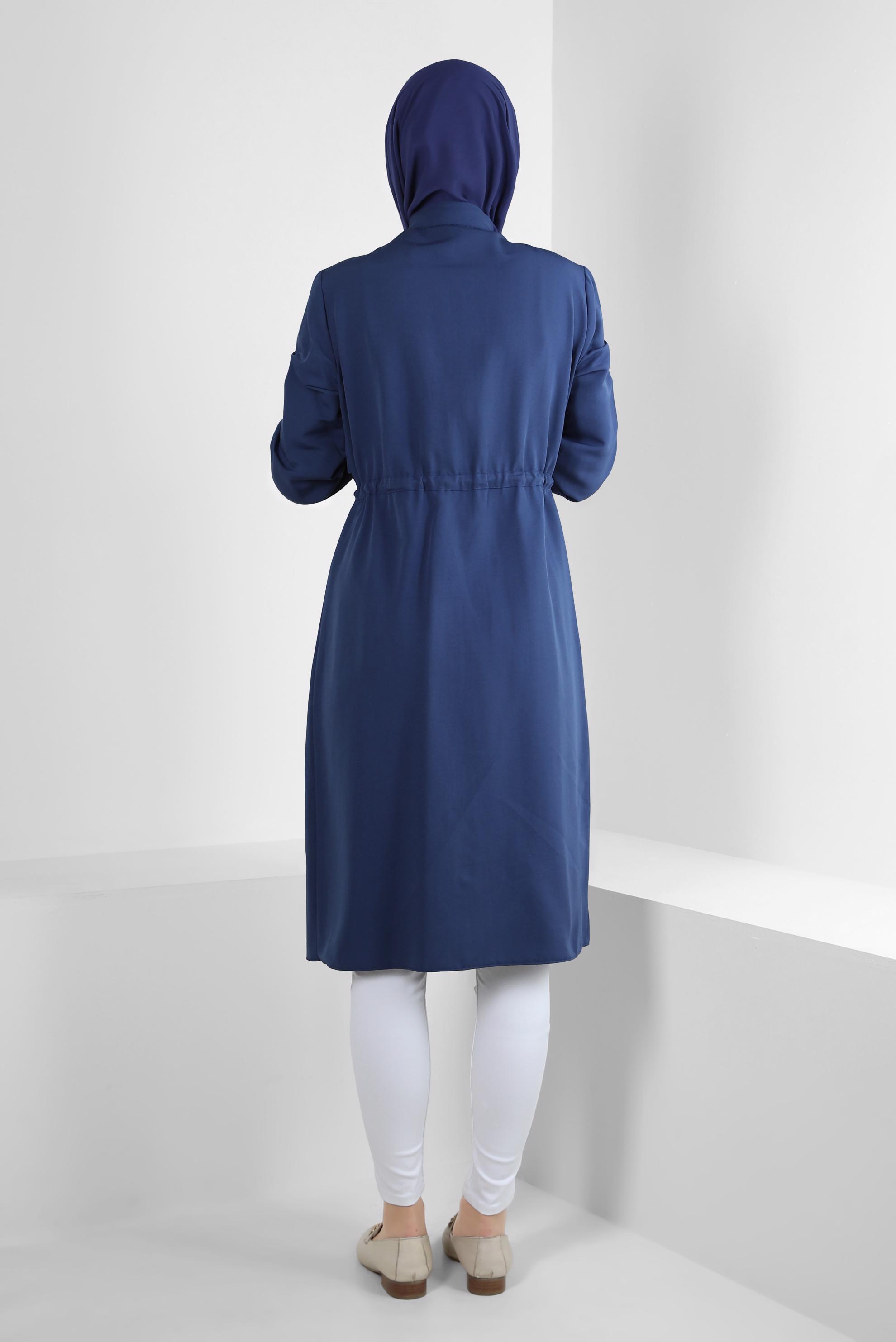 Tesettür giyim LACİVERT FERMUARLI BELİ BÜZGÜLÜ CEPLİ TUNİK 43832