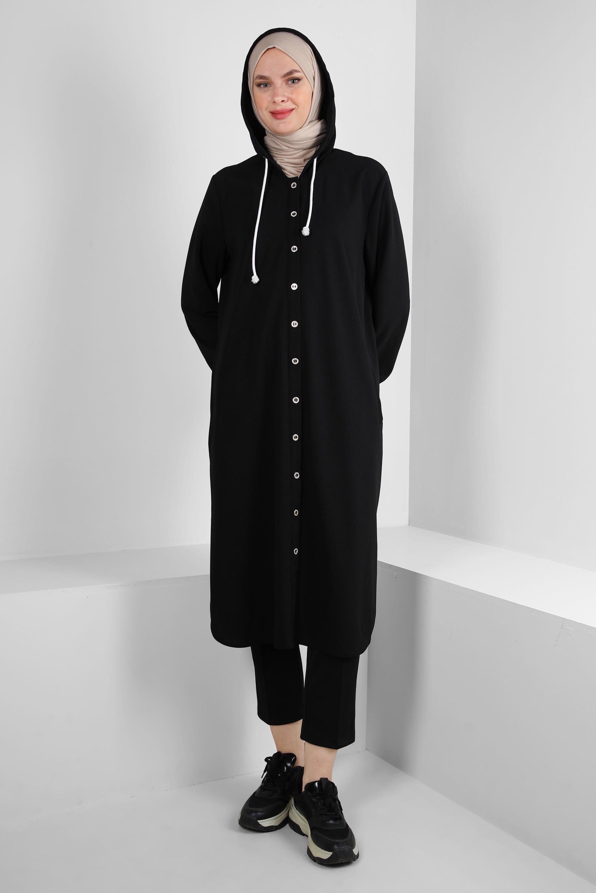 Tesettür giyim SİYAH KAPÜŞONLU MANŞETLERİ LASTİKLİ TUNİK 43833