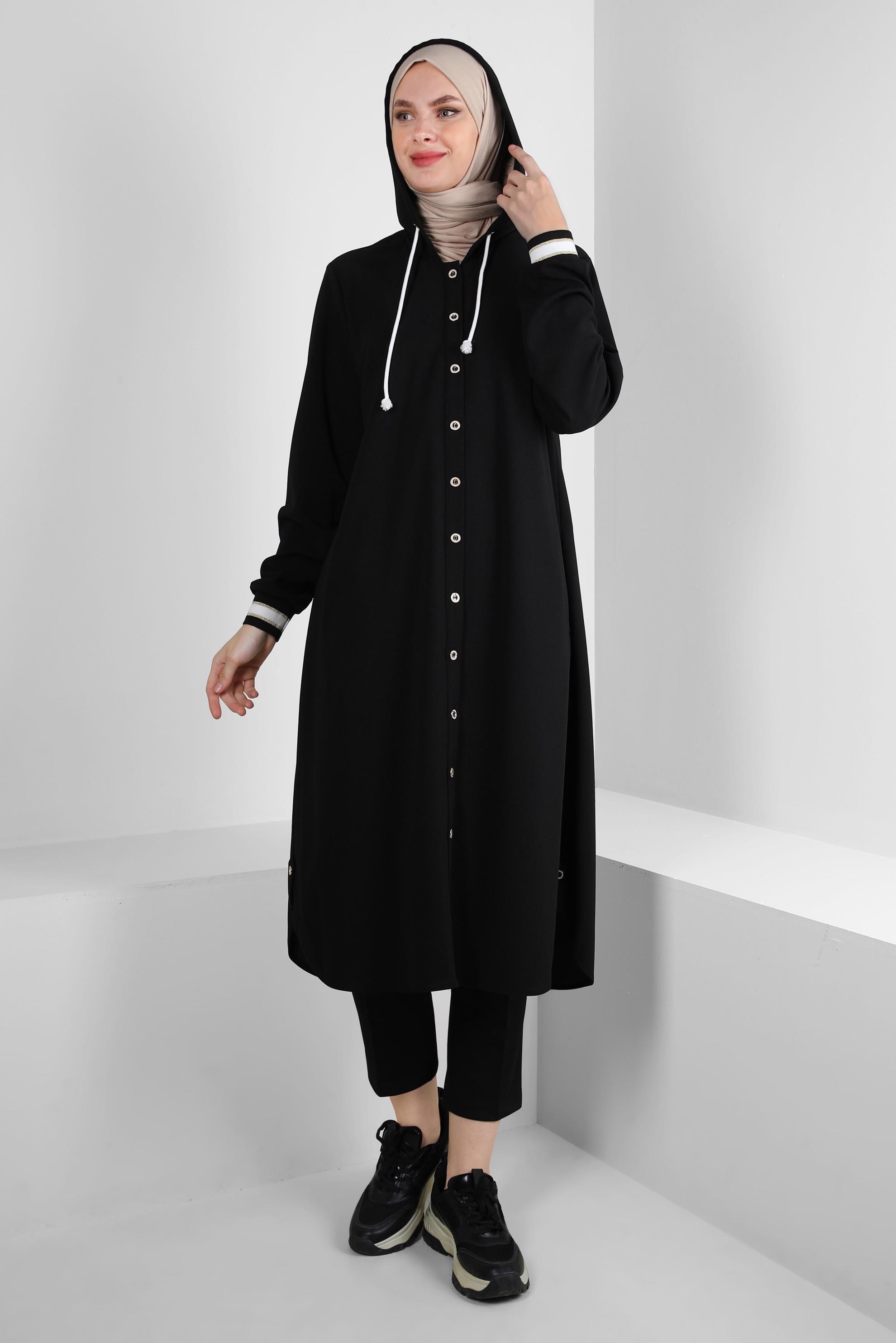 Tesettür giyim SİYAH KAPÜŞONLU MANŞETLERİ LASTİKLİ TUNİK 43833