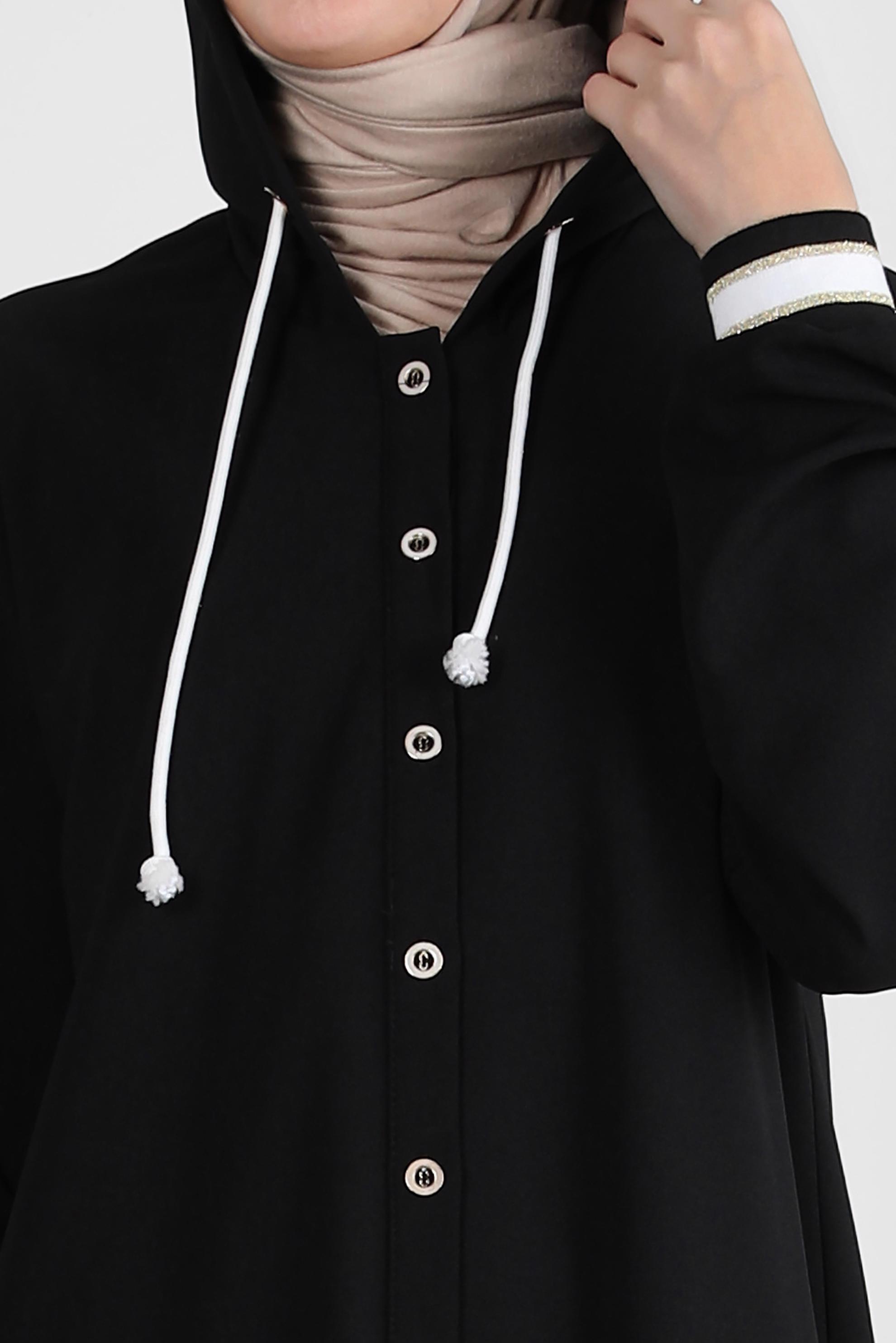 Tesettür giyim SİYAH KAPÜŞONLU MANŞETLERİ LASTİKLİ TUNİK 43833