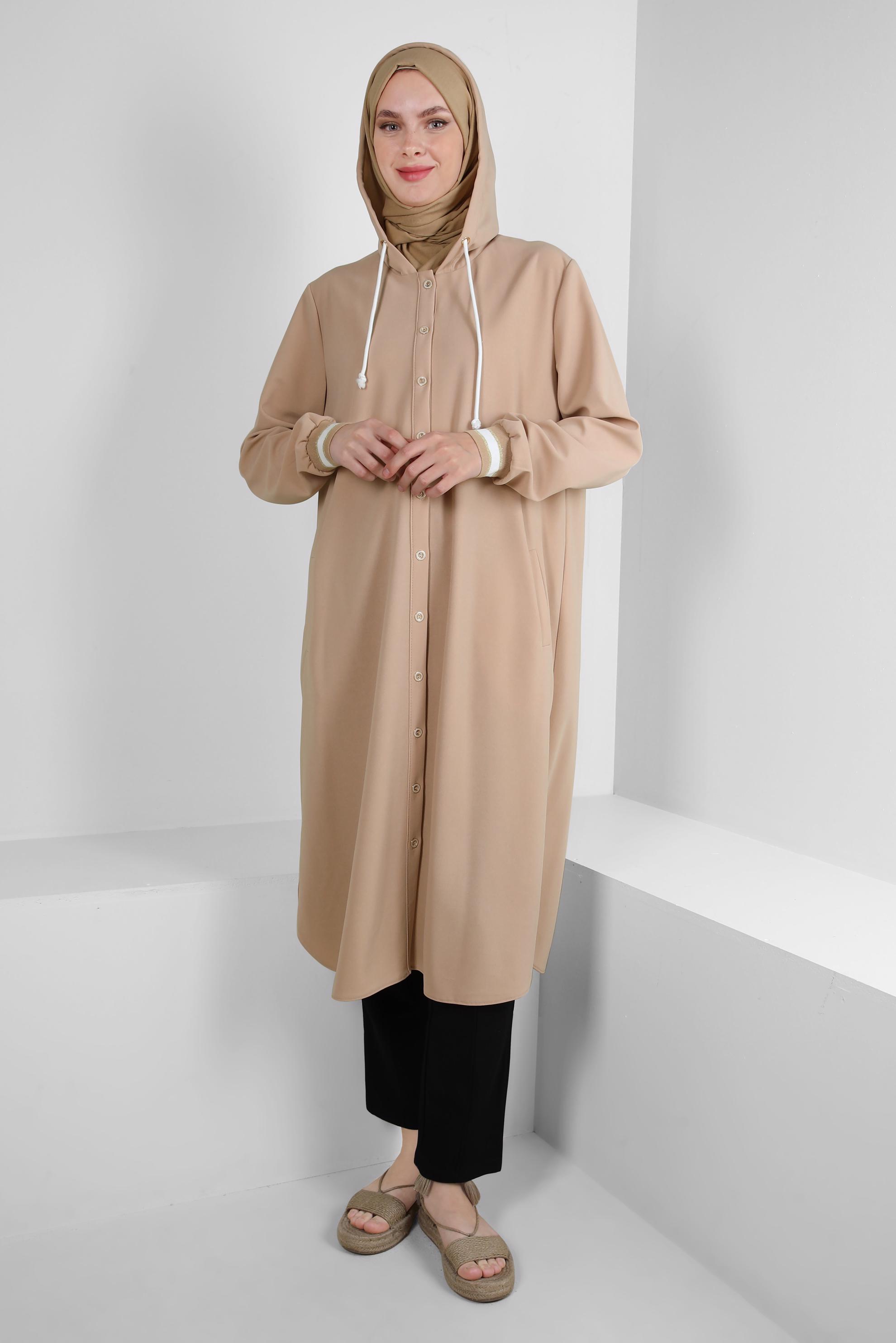Tesettür giyim BEJ KAPÜŞONLU MANŞETLERİ LASTİKLİ TUNİK 43833
