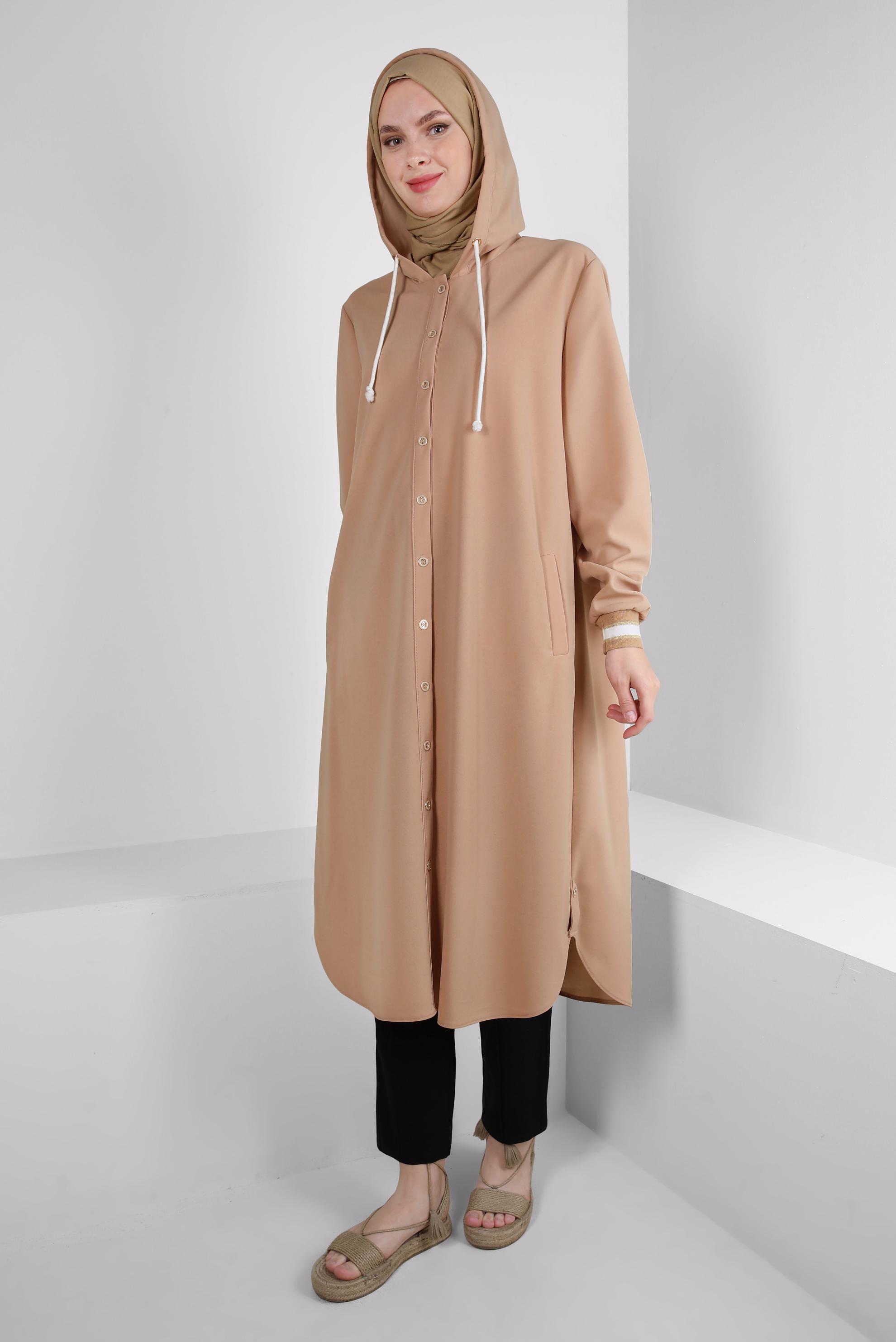 Tesettür giyim KAHVE KAPÜŞONLU MANŞETLERİ LASTİKLİ TUNİK 43833
