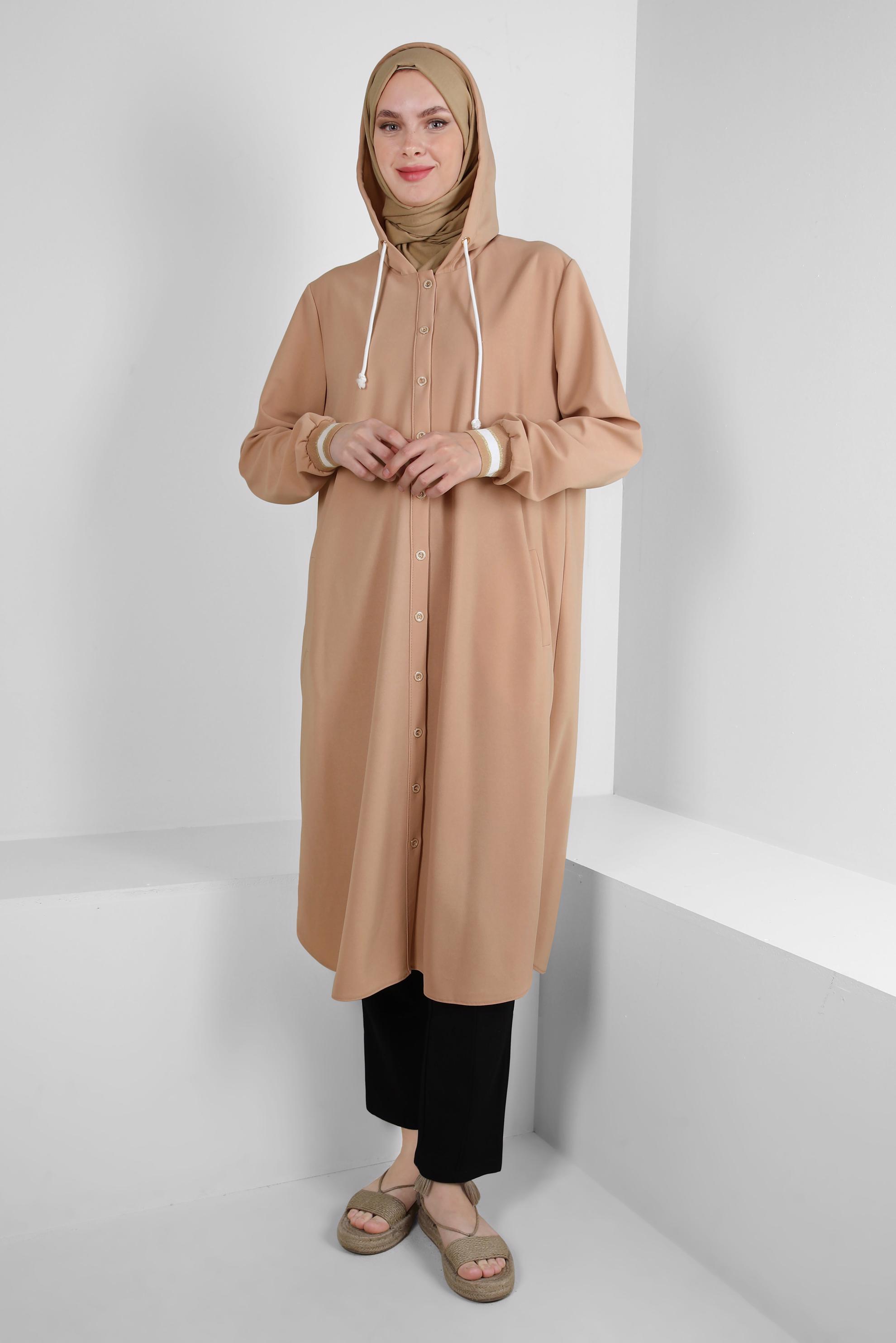 Tesettür giyim KAHVE KAPÜŞONLU MANŞETLERİ LASTİKLİ TUNİK 43833