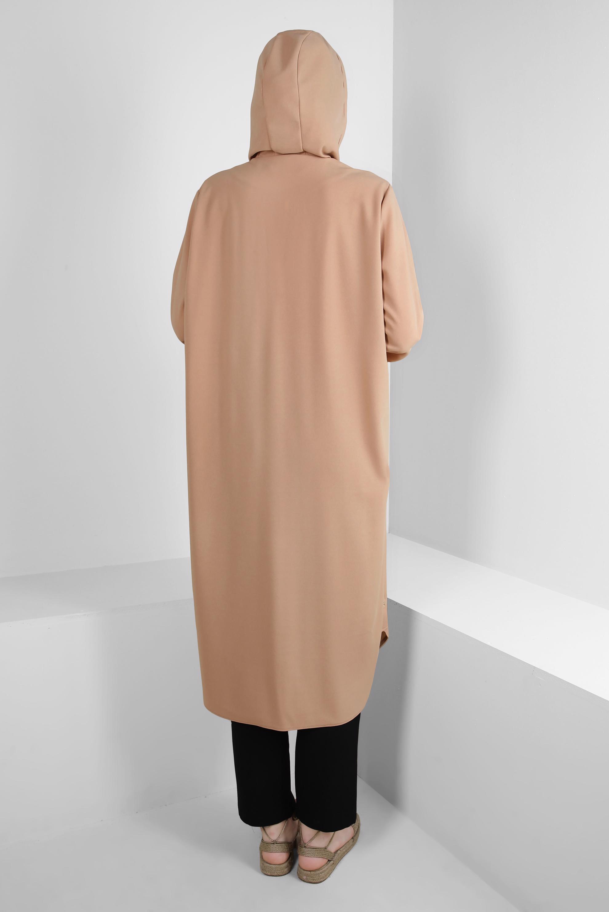 Tesettür giyim KAHVE KAPÜŞONLU MANŞETLERİ LASTİKLİ TUNİK 43833