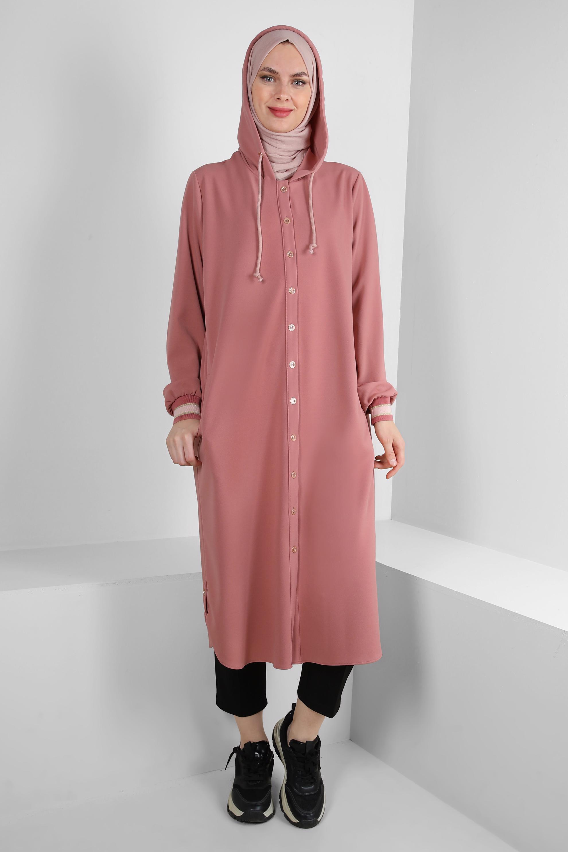 Tesettür giyim PUDRA KAPÜŞONLU MANŞETLERİ LASTİKLİ TUNİK 43833
