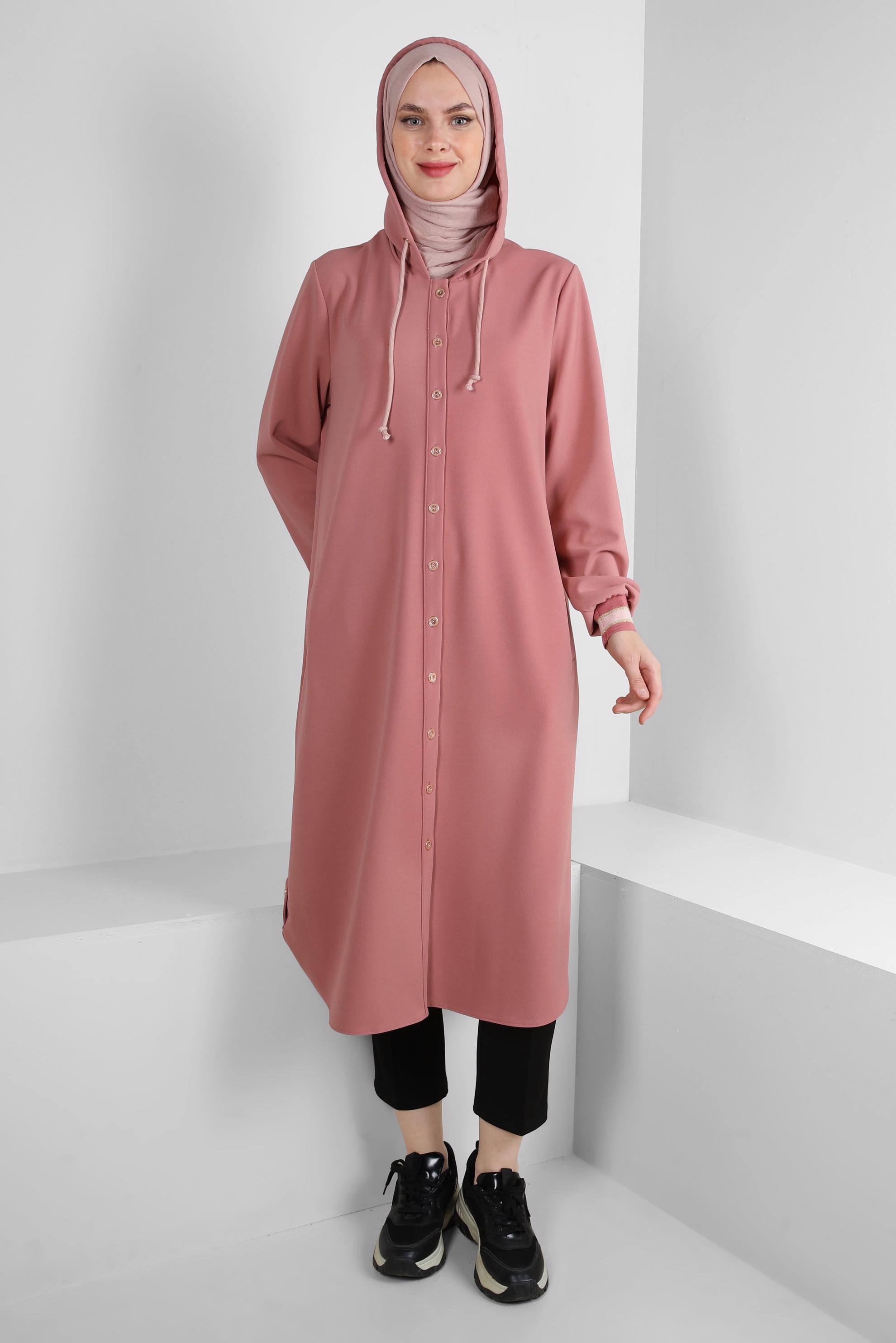 Tesettür giyim PUDRA KAPÜŞONLU MANŞETLERİ LASTİKLİ TUNİK 43833