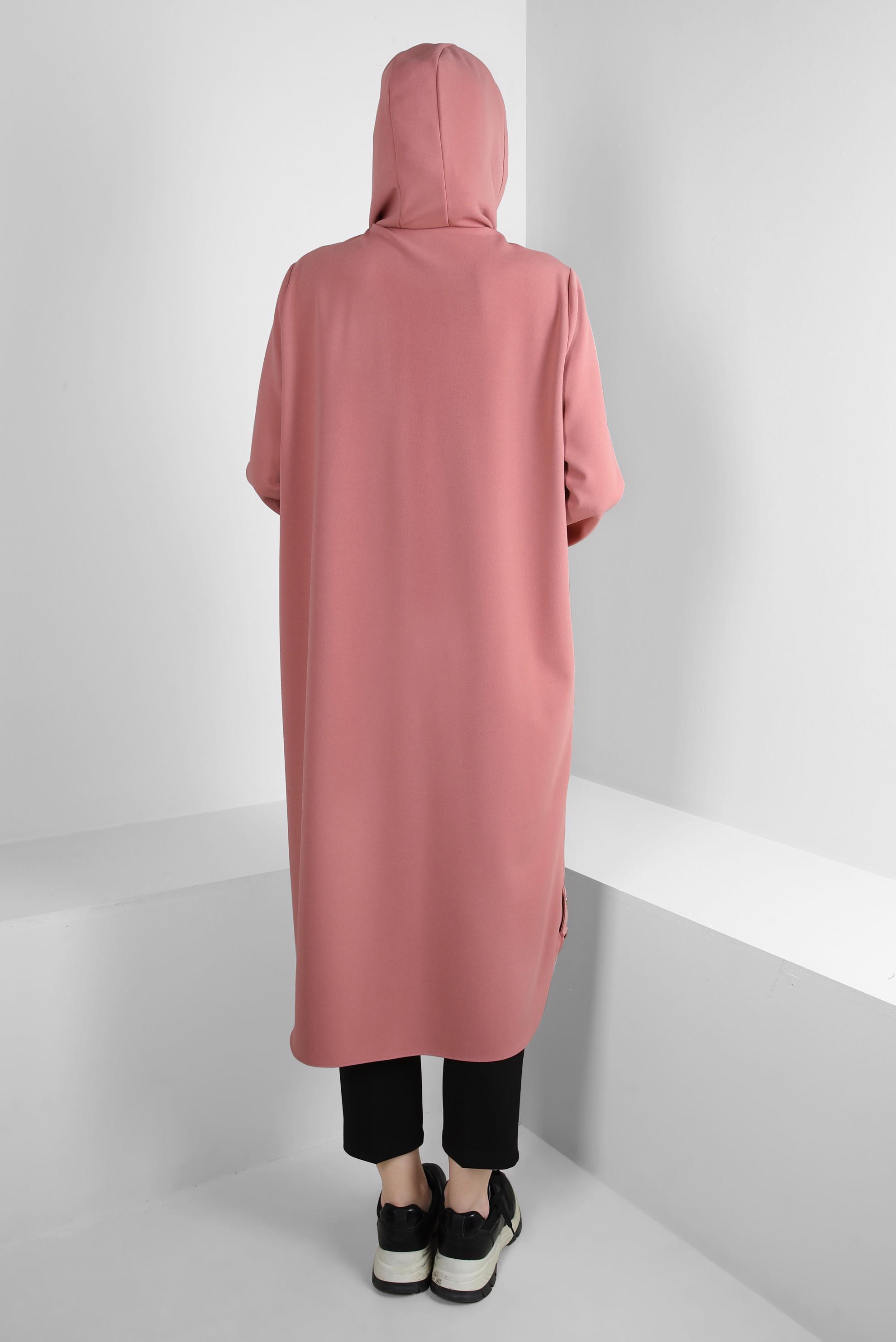 Tesettür giyim PUDRA KAPÜŞONLU MANŞETLERİ LASTİKLİ TUNİK 43833