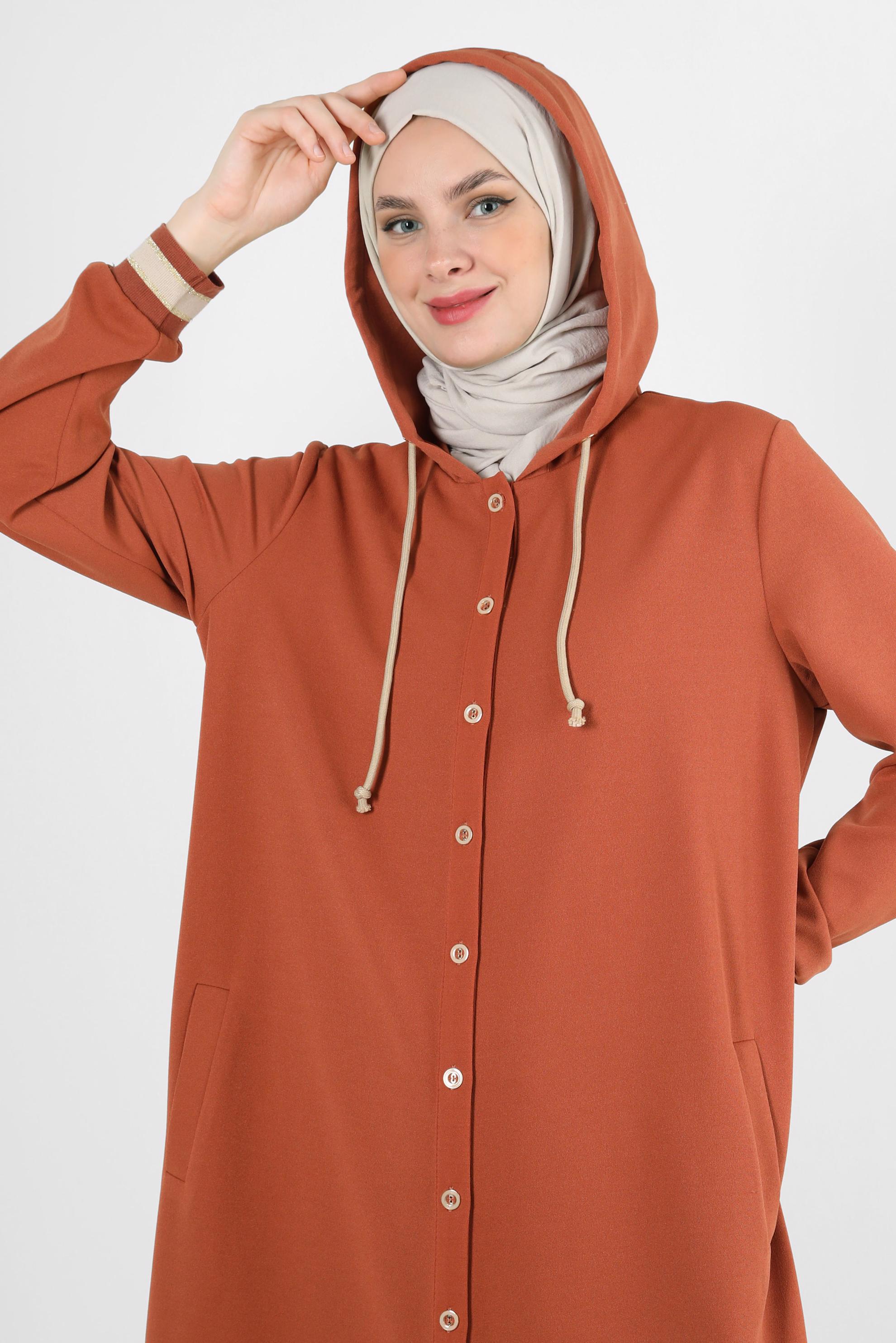 Tesettür giyim KAHVE KAPÜŞONLU MANŞETLERİ LASTİKLİ TUNİK 43833
