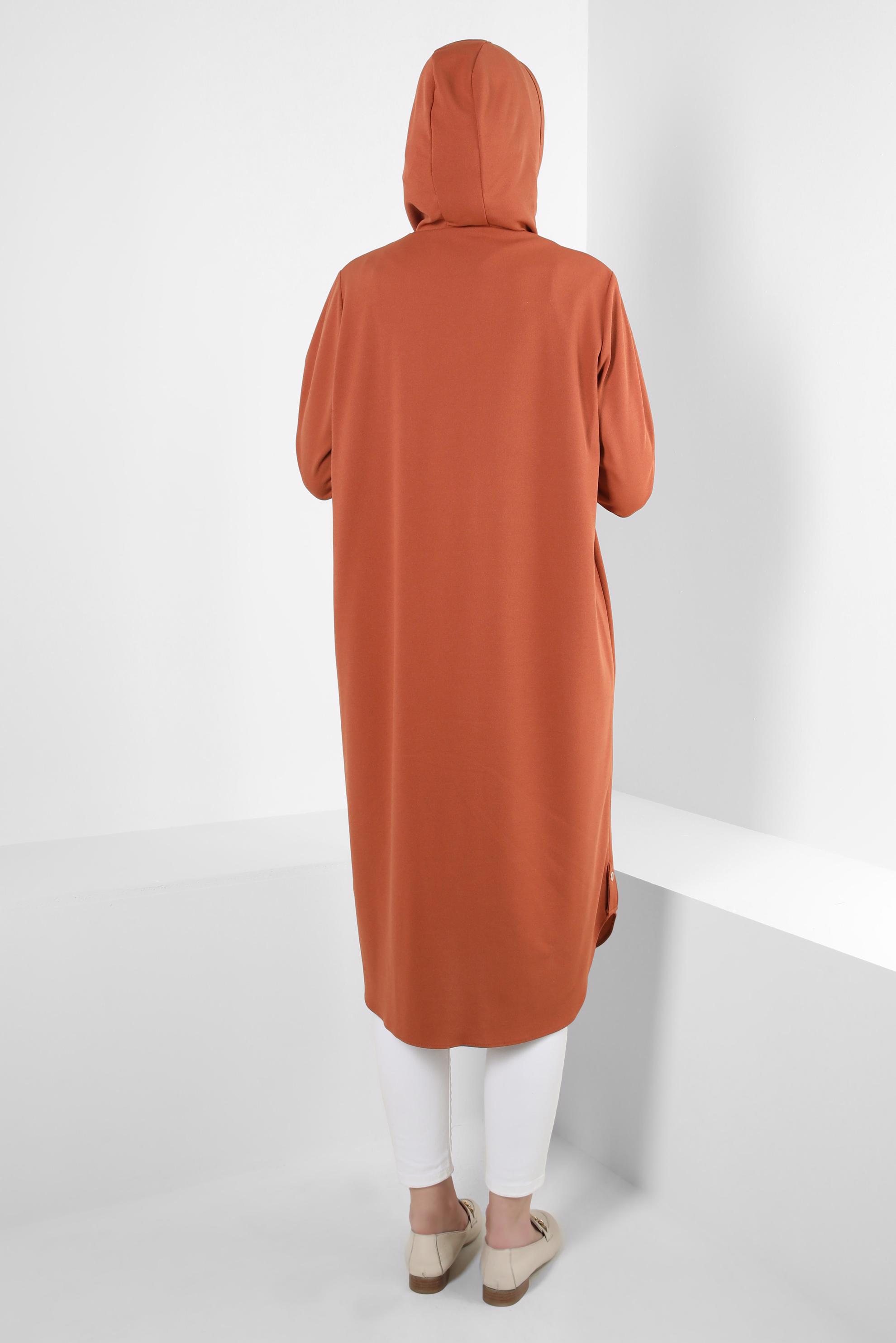 Tesettür giyim KAHVE KAPÜŞONLU MANŞETLERİ LASTİKLİ TUNİK 43833