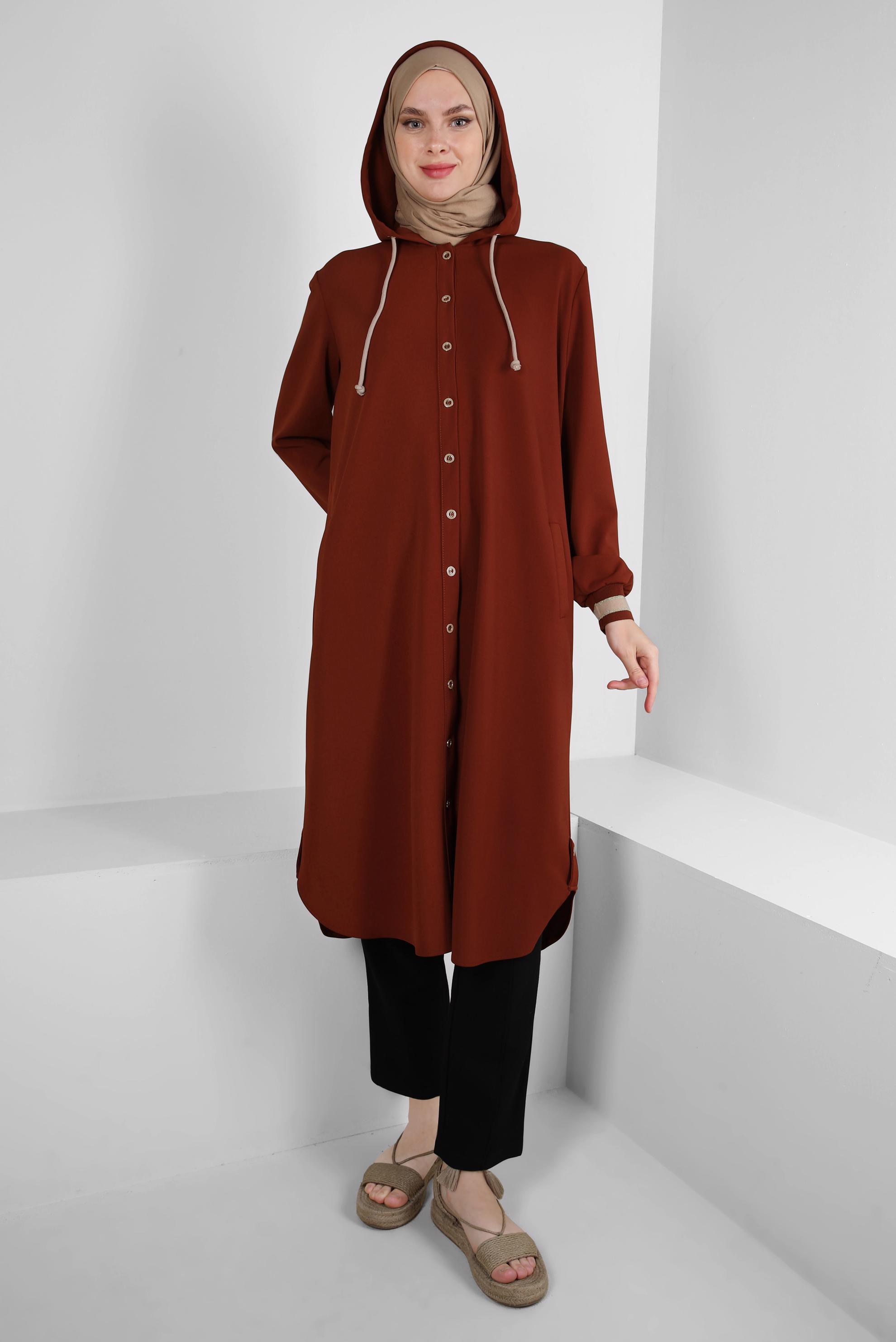 Tesettür giyim BORDO KAPÜŞONLU MANŞETLERİ LASTİKLİ TUNİK 43833