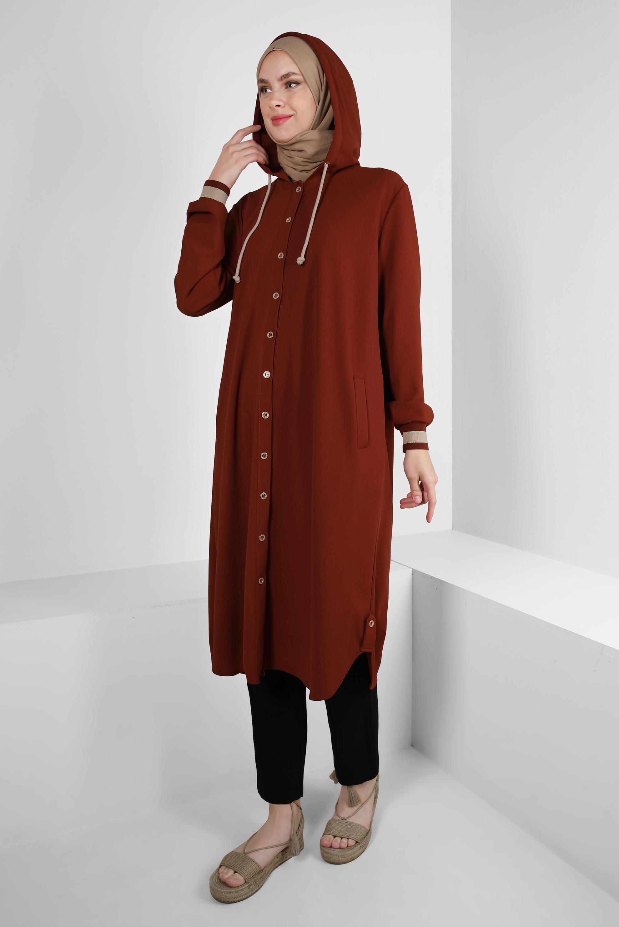 Tesettür giyim BORDO KAPÜŞONLU MANŞETLERİ LASTİKLİ TUNİK 43833
