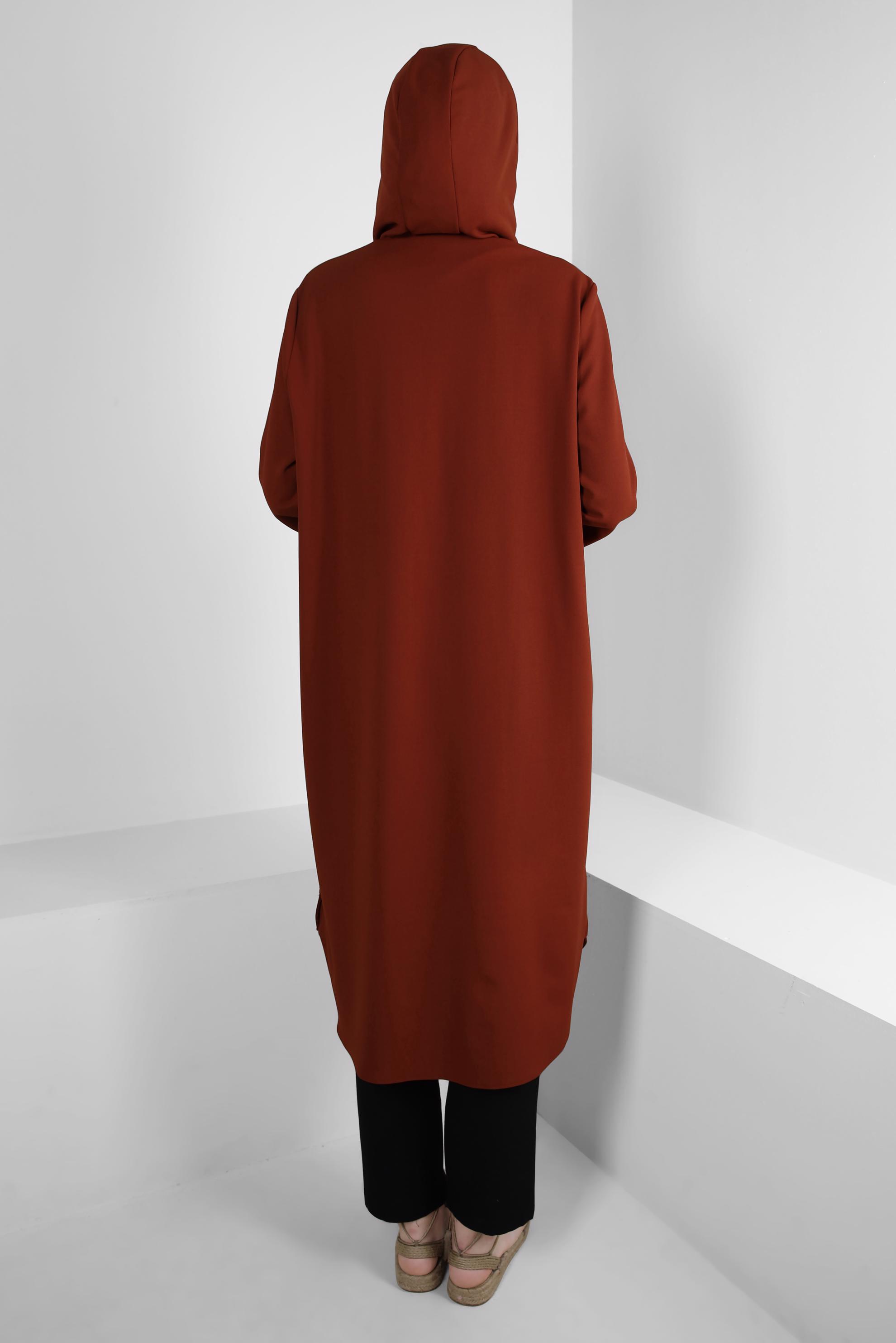 Tesettür giyim BORDO KAPÜŞONLU MANŞETLERİ LASTİKLİ TUNİK 43833