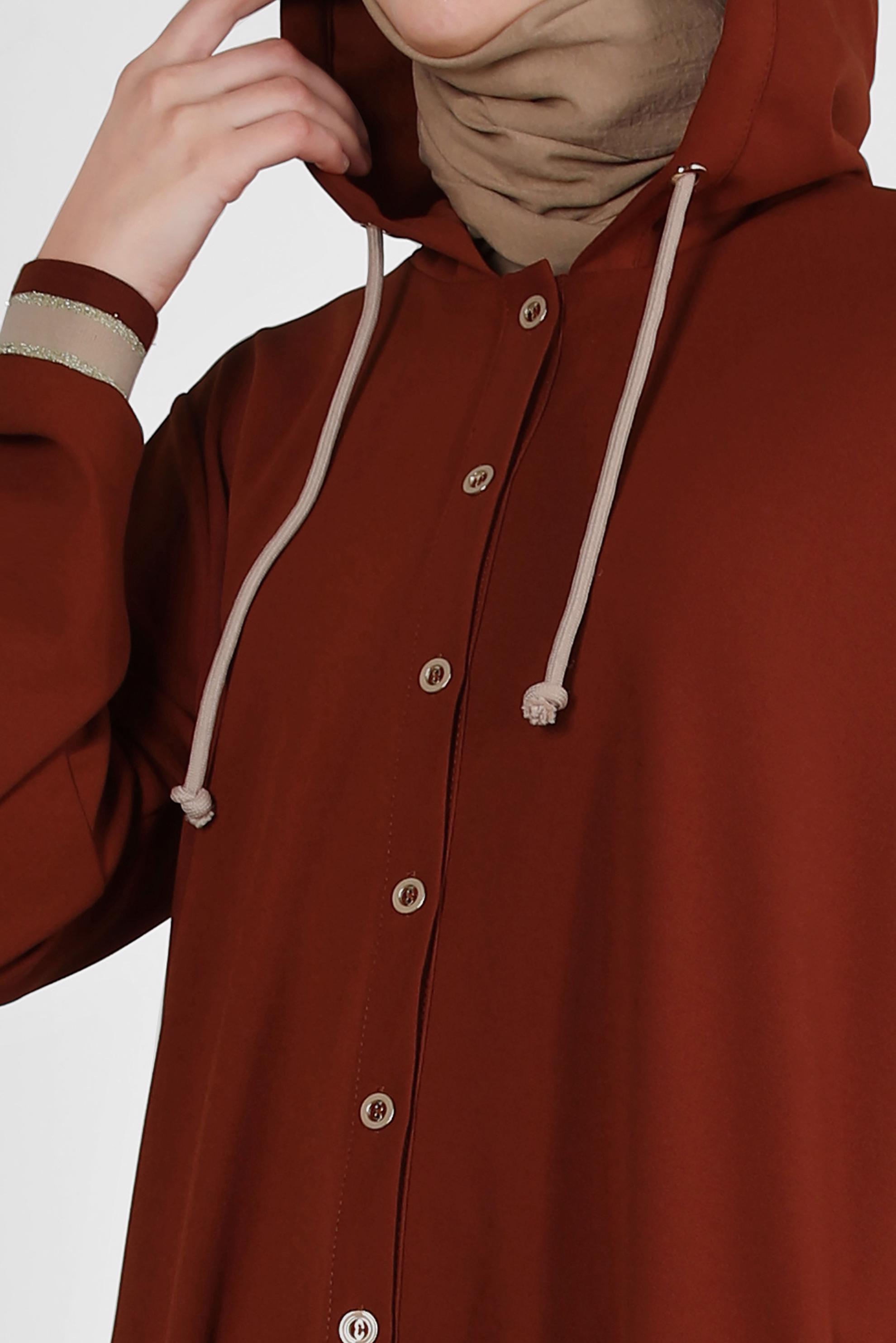 Tesettür giyim BORDO KAPÜŞONLU MANŞETLERİ LASTİKLİ TUNİK 43833