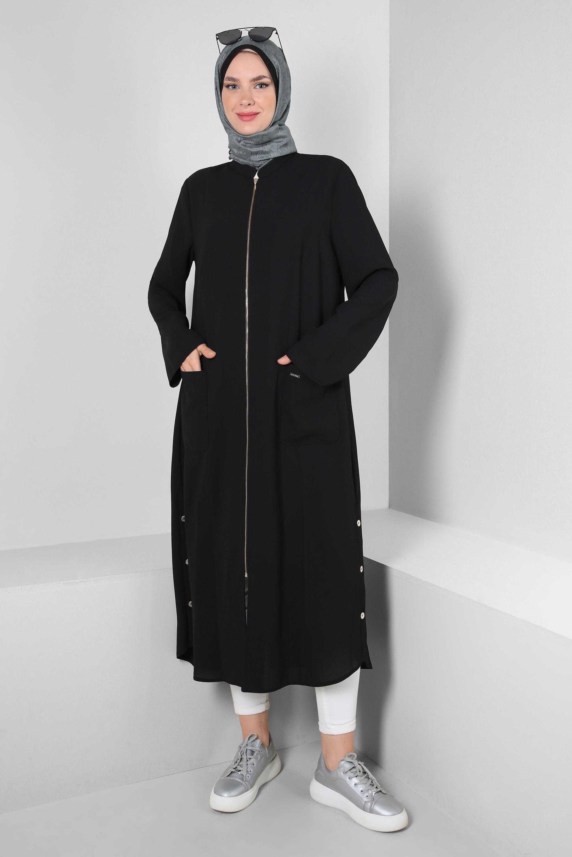 Tesettür giyim SİYAH CEP DETAYLI FERMUARLI UZUN TUNİK 43834